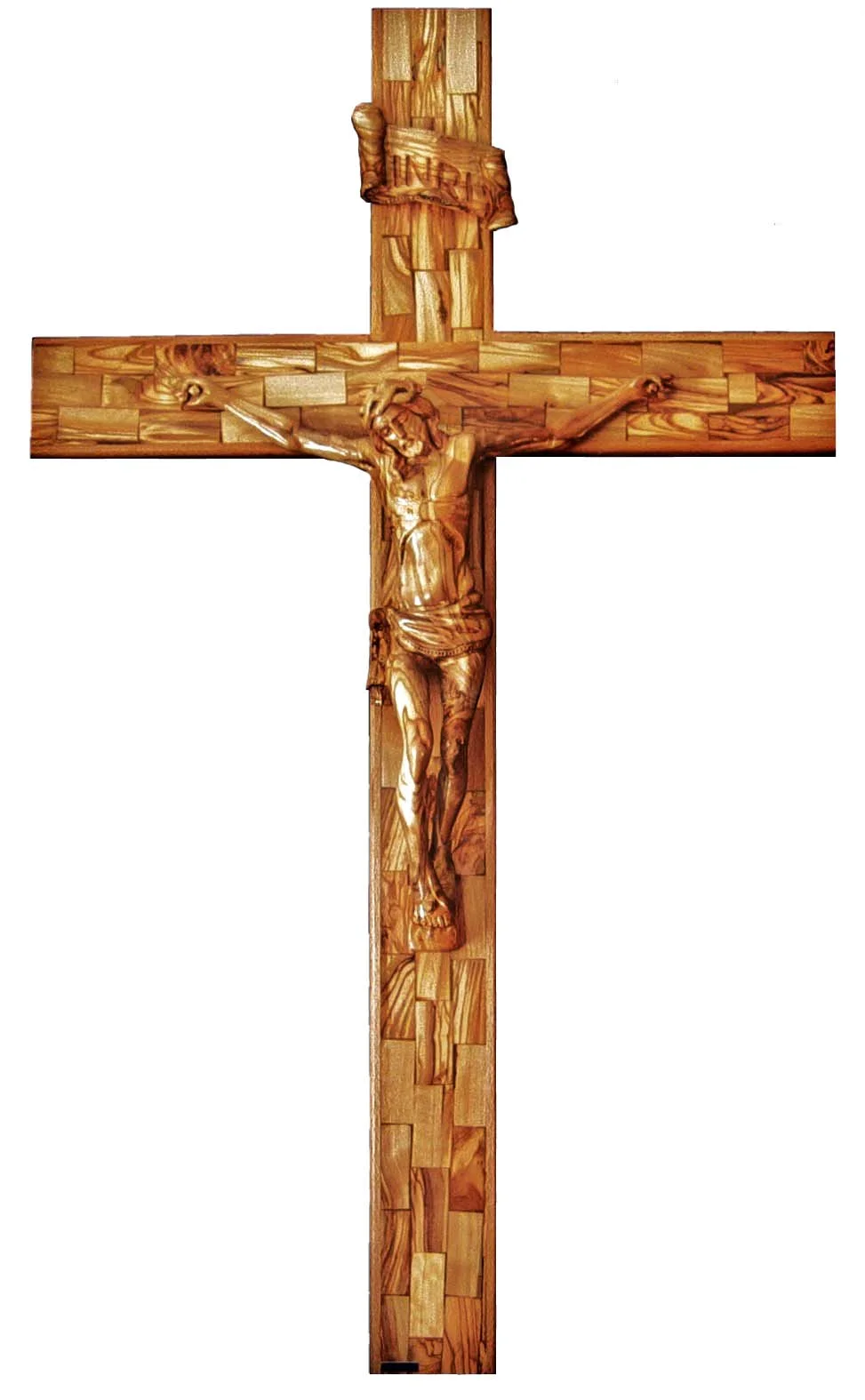 Inlaid olive wood cross with wooden corpus- 120 cm