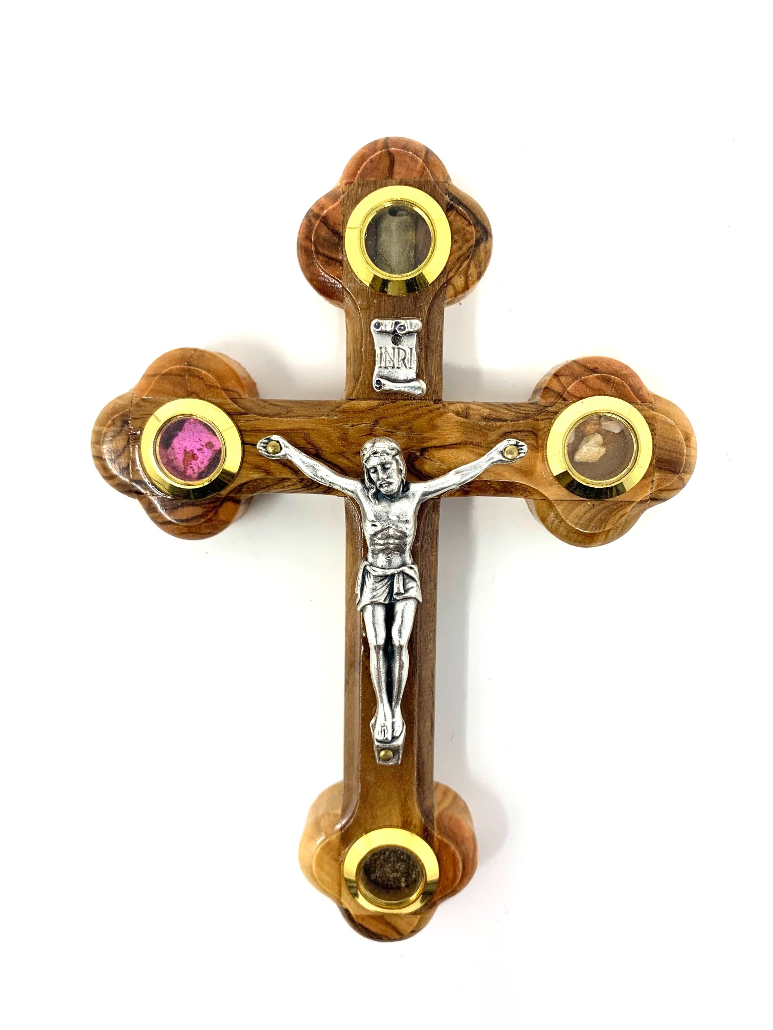 Roman olive wood Cross with silver plated corpus- 12cm.