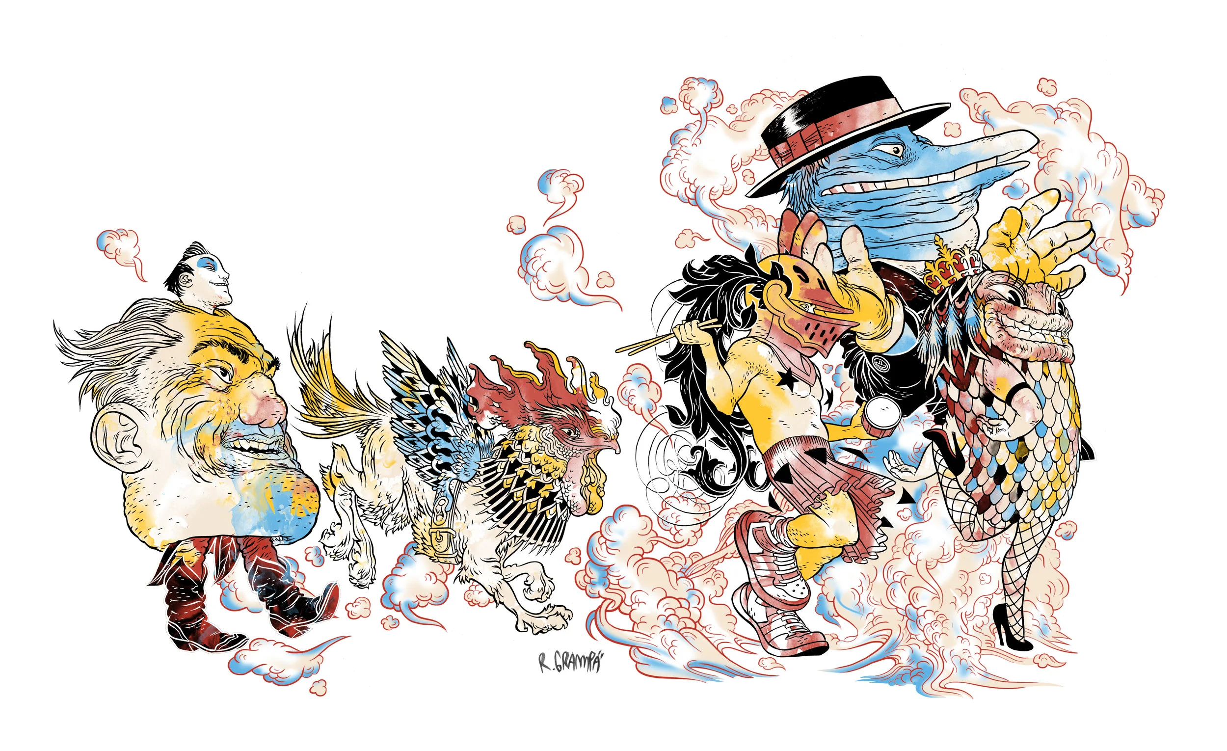 A obra de arte resultante apresenta um elenco de personagens coloridos, criados por Grampá, um desfile ao redor da garrafa. Um cachorro vestido como um galo, um jovem rapaz vestindo a cabeça de um homem velho, um gigante de rosto azul, feliz de abraçar a quem queira um abraço, uma linda “Rainha-peixe”, um personagem que Grampá chama de “Rei da Liberdade” e o descreve como um típico festeiro que luta contra tabus e preconceitos com alegria e música.