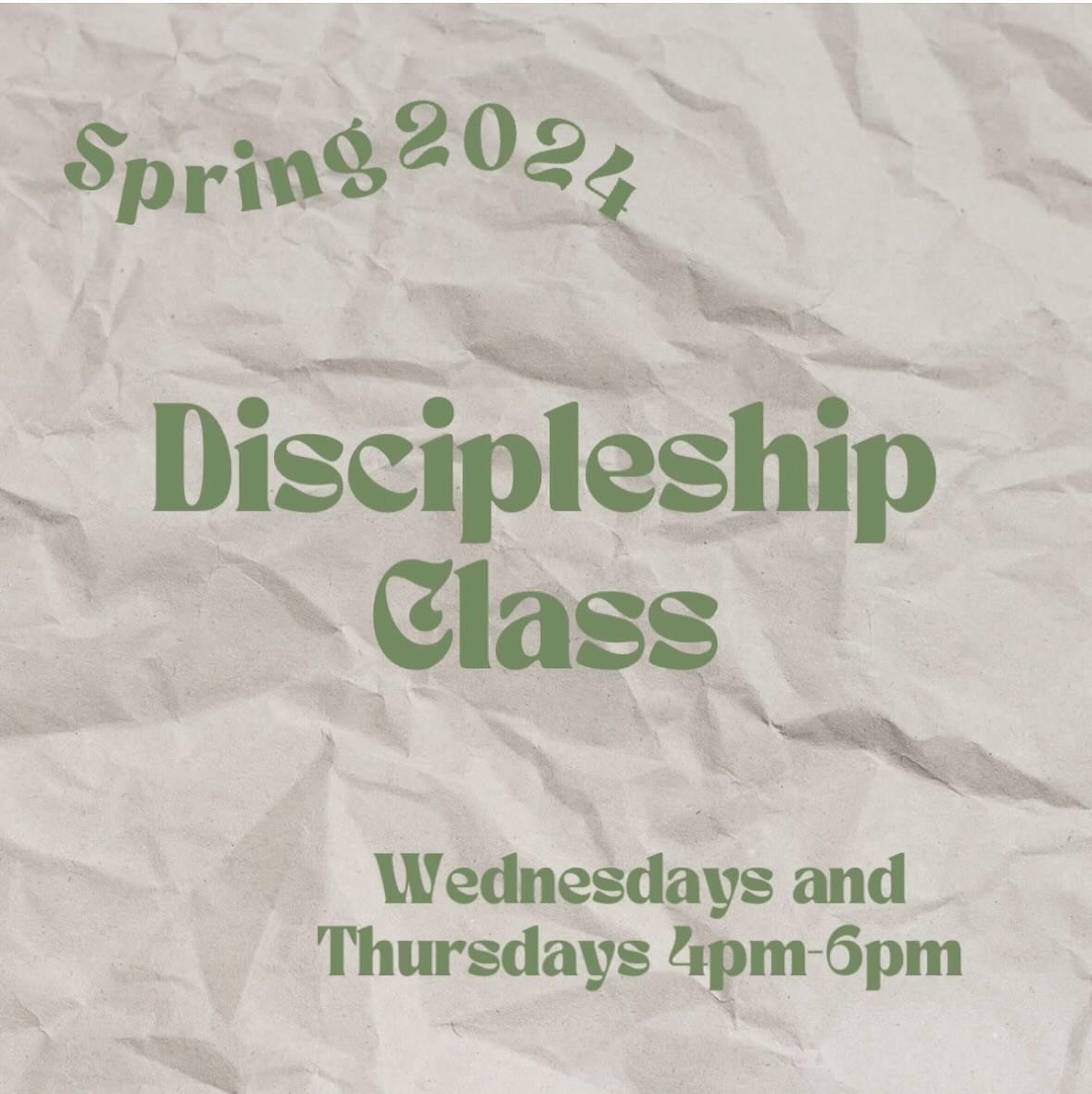 Discipleship class starts today for spring quarter! 🥳

What is Jesus up to in the world? How can we be a part of it? How can we help others experience it too? Come to this class to learn about the epic scope of the mission of God in the world - whet