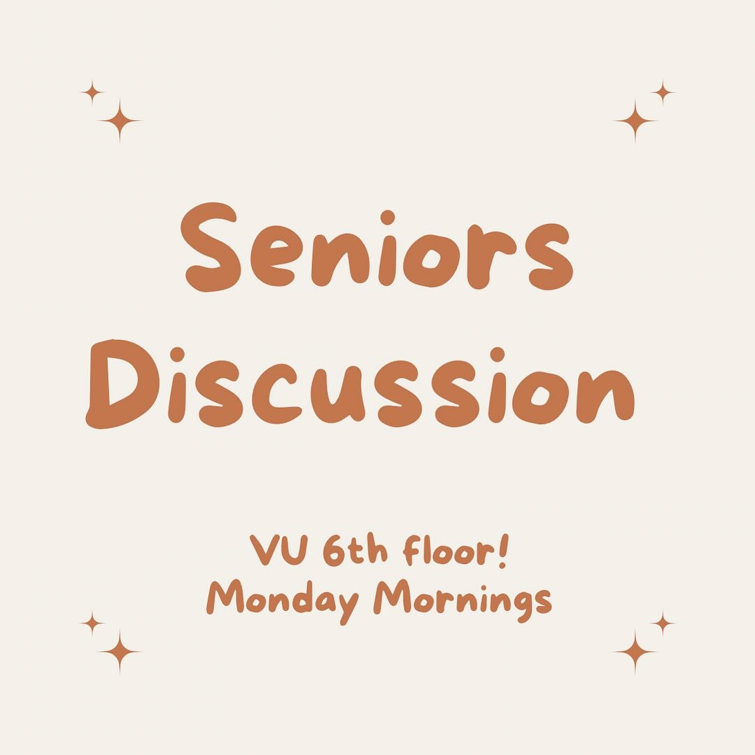 Seniors Discussion is starting today at 12pm in the VU 6th floor! Just come find Jo and Cameron! 

Come and discuss post college life with us! 🥳
