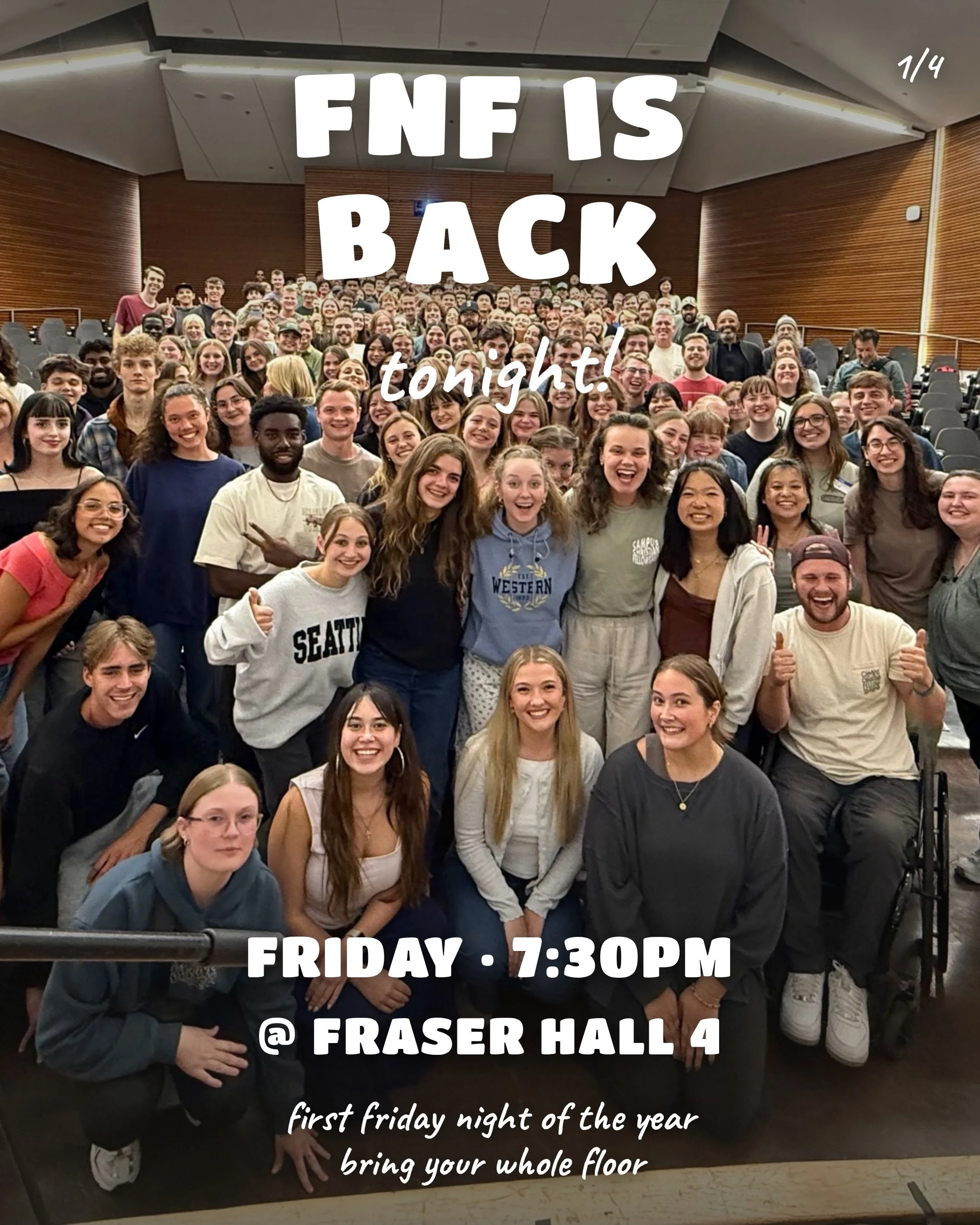 It&rsquo;s finally friday again 🫶

FNF is tonight at 7:30 in Fraser Hall. 

Whether you&rsquo;ve followed Jesus forever or you&rsquo;re just curious, you&rsquo;re welcome here. Come as you are, questions and all. After hours at Armory Pickleball 🏓 
