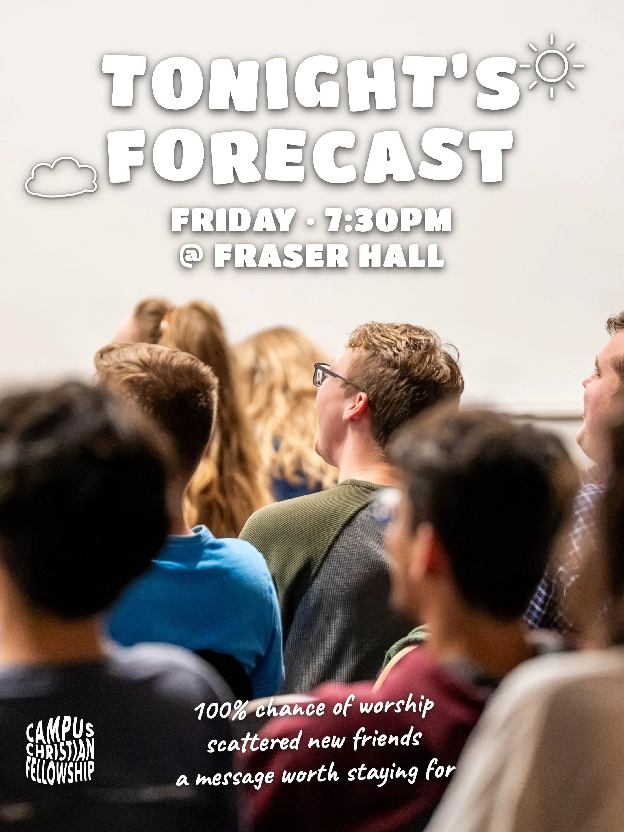 It&rsquo;s Friday and you know what that means 🙌

FNF is TONIGHT and we saved you a seat. Come hang, worship, meet people who actually want to know you.

Bring a friend, bring your roommate, bring the whole floor. We&rsquo;ll see you there 🤍

#CCF 