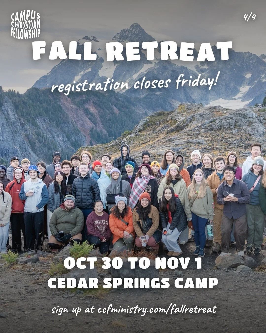 Fall retreat oct 30 to nov 1 at Cedar Springs 🏔️ sign ups close friday, link in bio

#CCFWestern #FNF #WWU #Bellingham #CollegeMinistry