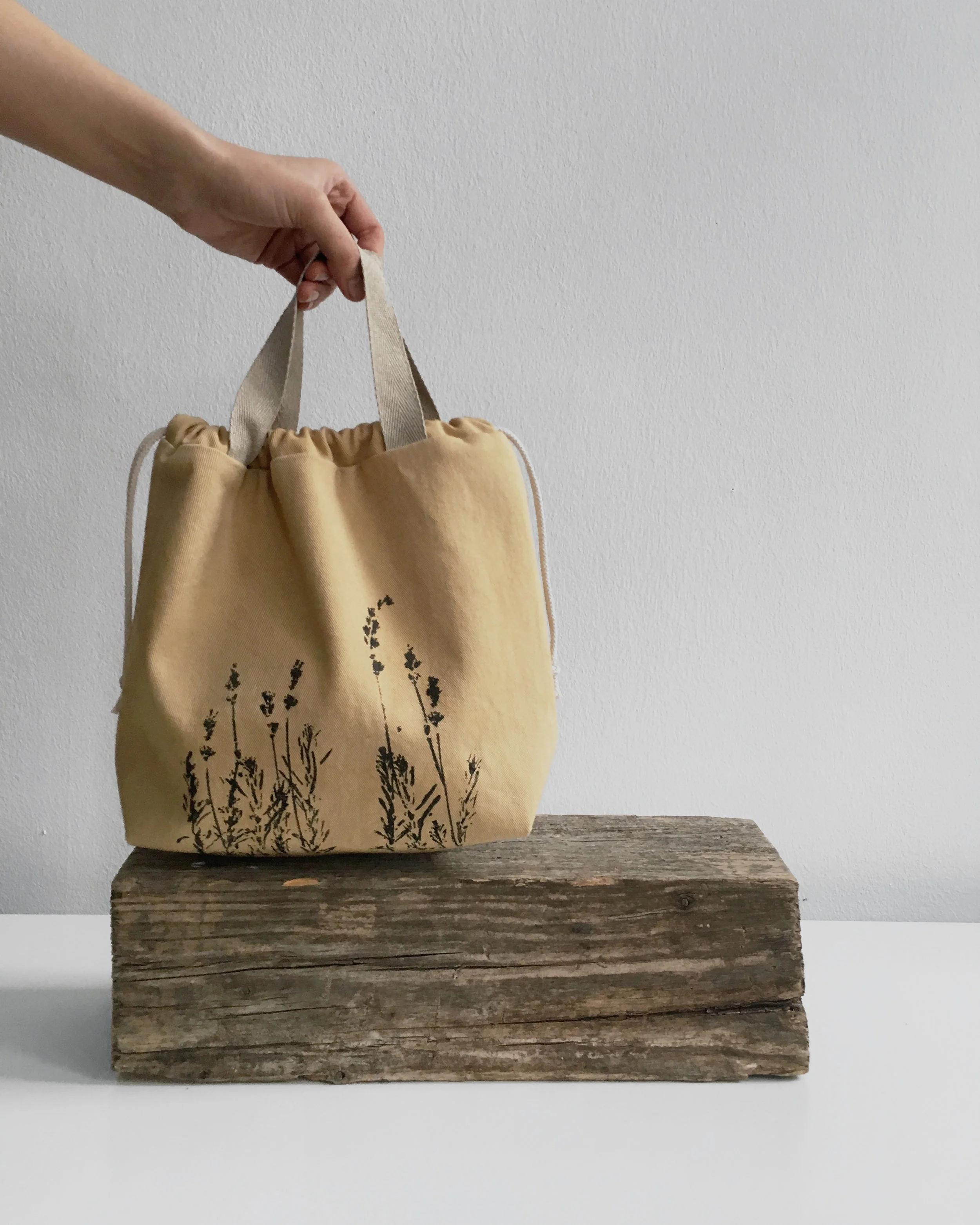 Drawstring project bag dyed with Alder cones