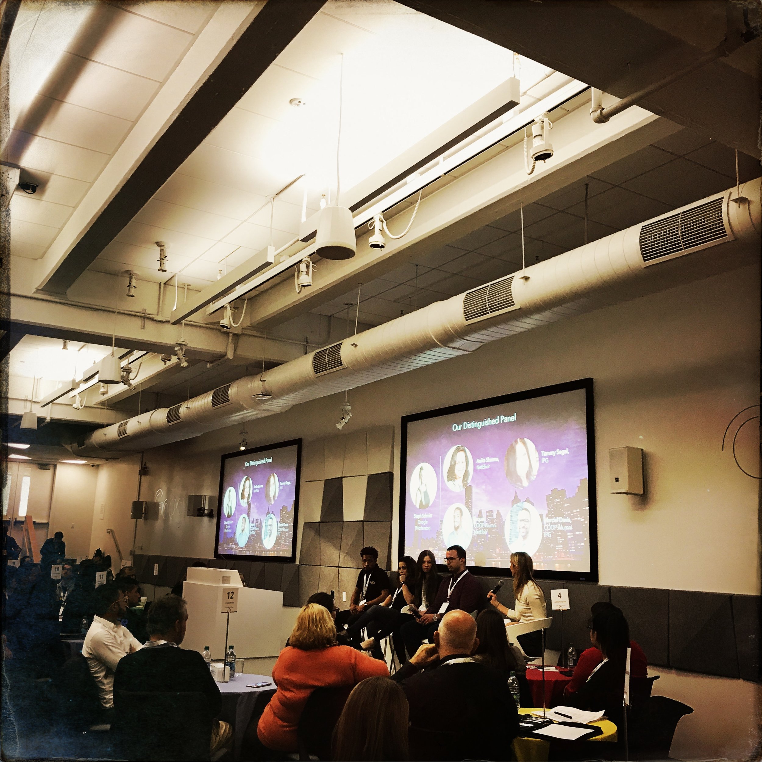  Steph Schmitt (Google) leading a panel with Anika Sharma and Jaquan Murphy (NetElixer) and Tammy Segal & Marcial Davis (both of IPG). 