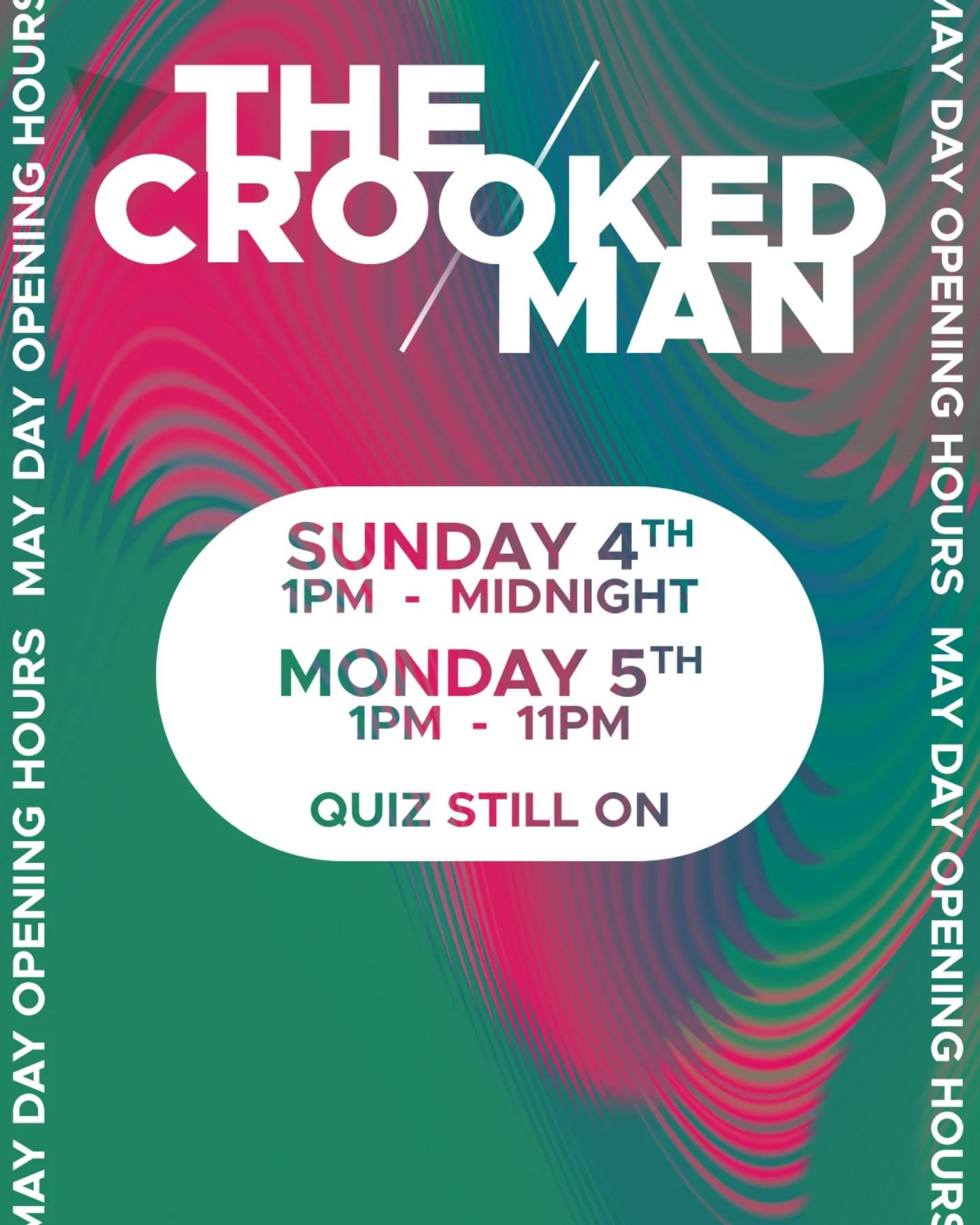 Mayday may-day, our hours have changed for this bank holiday weekend. Extended for your drinking pleasure.

Sunday 4th - 1PM till MIDNIGHT
Monday 5th - 1PM till 11PM

The quiz is still on.

#prestwichvillage #thecrookedman