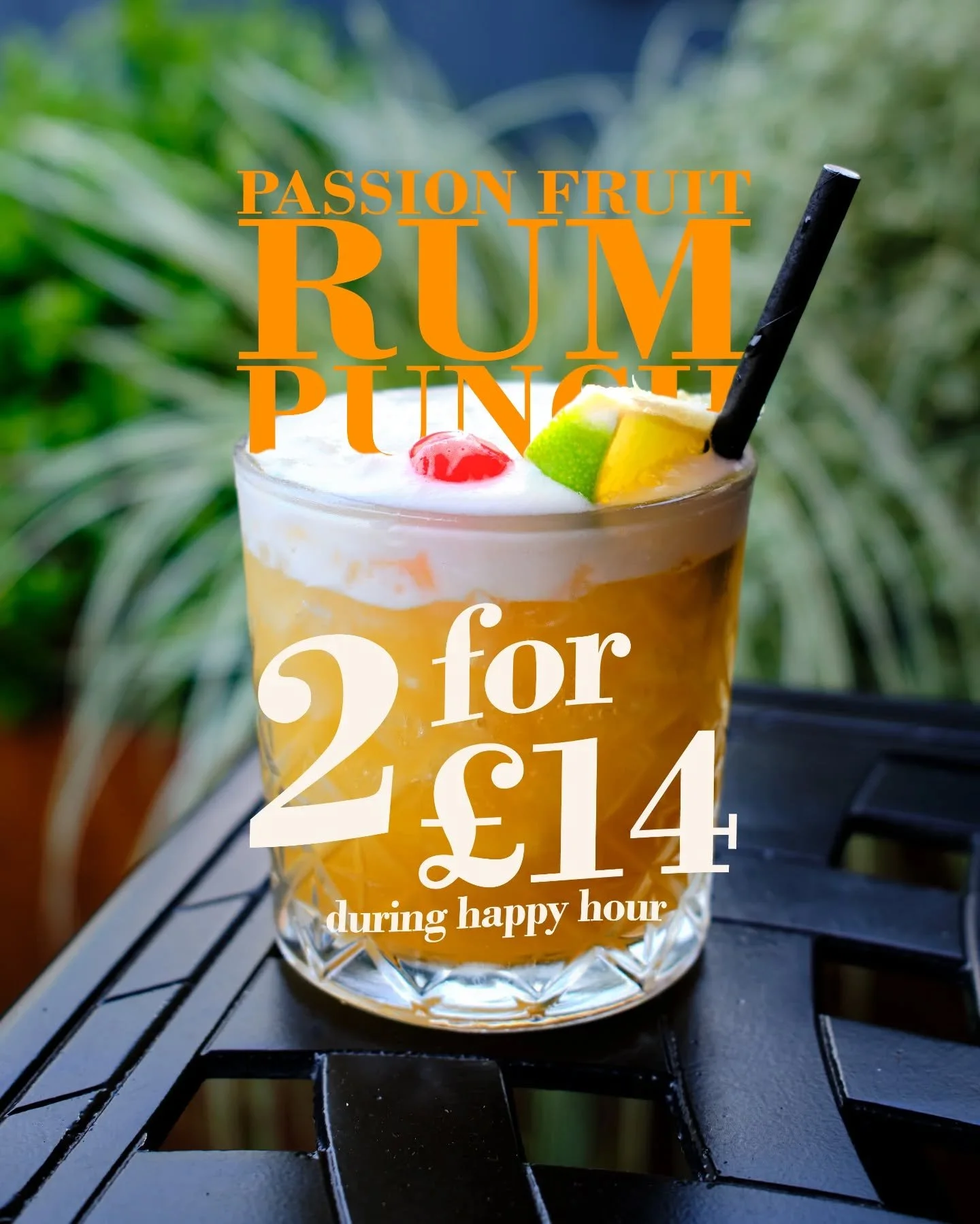 Our Happy Hour cocktails part two.
Passion Fruit Rum Punch; an easy drinking summer heavy hitter. Sweet &amp; tangy.

Made with Passion fruit rum, triple sec, pineapple and lime.

#happyhour #cocktail #rumpunch