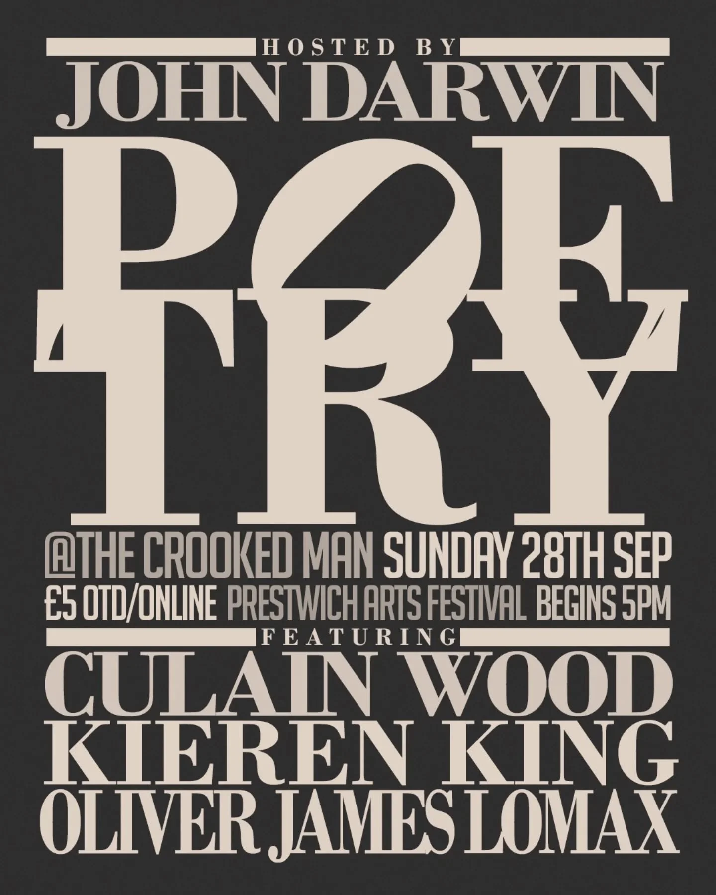 Sunday, Sunday, Sunday.
Poetry flows from Prestwich Arts Festival, through our doors and into the upstairs.

You can grab tickets from the Prestwich Arts Festival website or pay on the door (availability depending).

3 great poets will enthrall you a