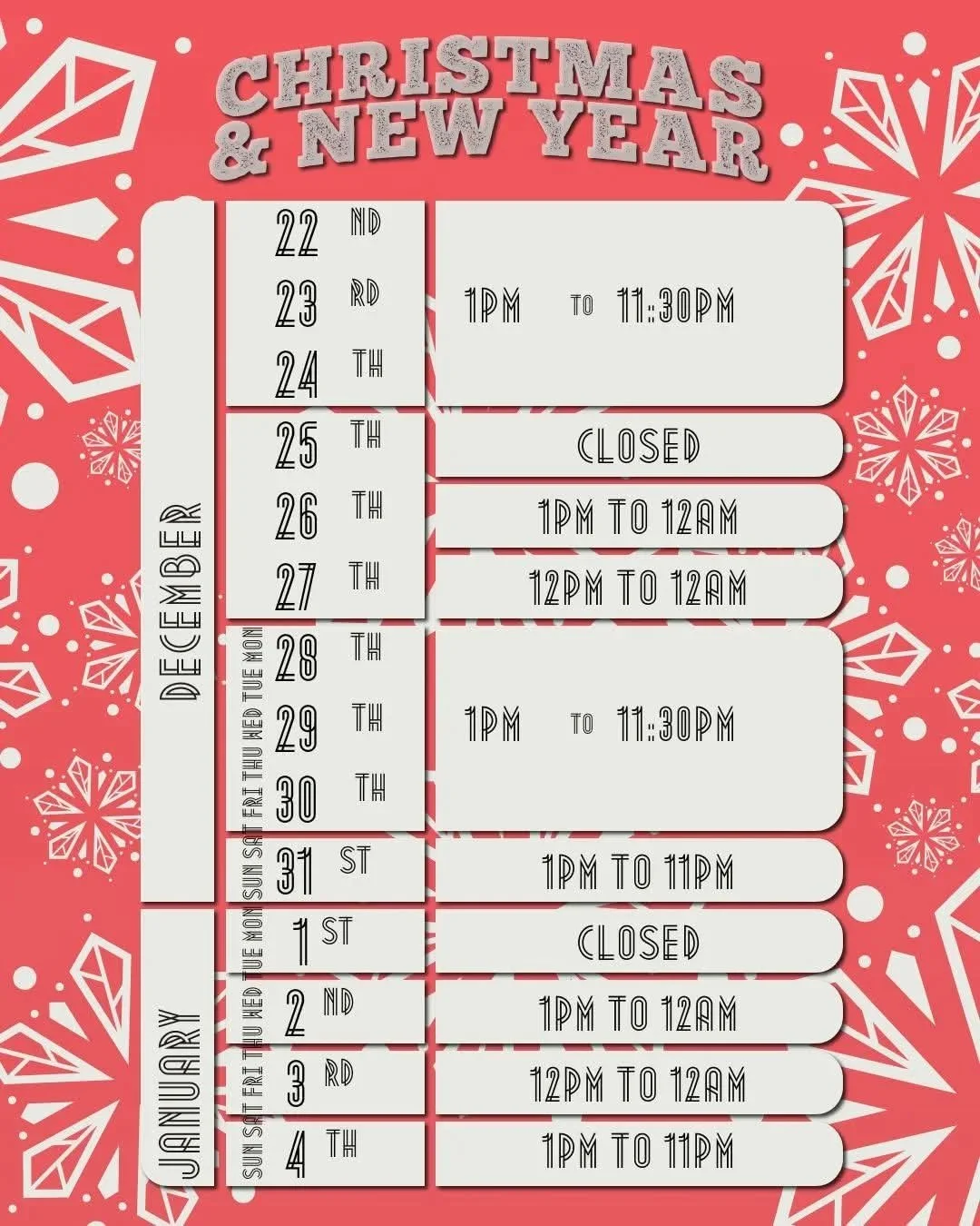 Now then. We are open from 1pm over the next 3 days.