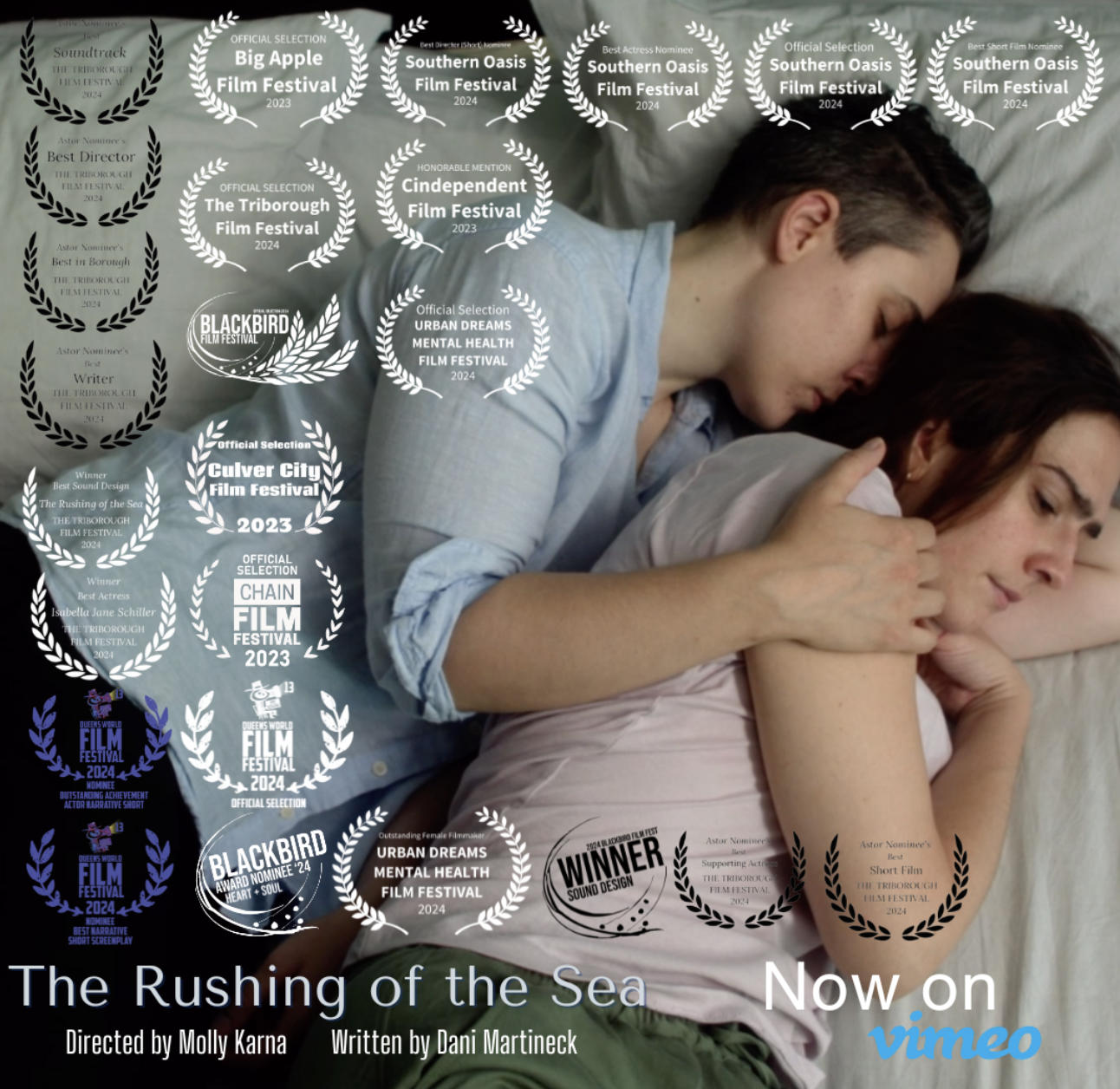 Film still from The Rushing of the Sea showing the two lead characters cuddling on a bed. Film festival laurels cover the edges and left side of the image.