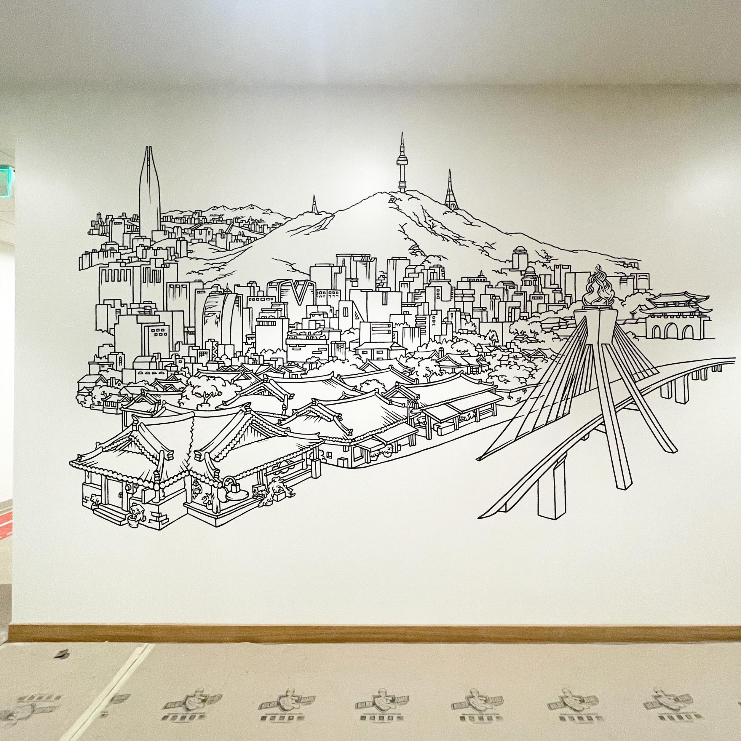 New office mural that will be a mashup of Seoul and the Bay. This is the Seoul side