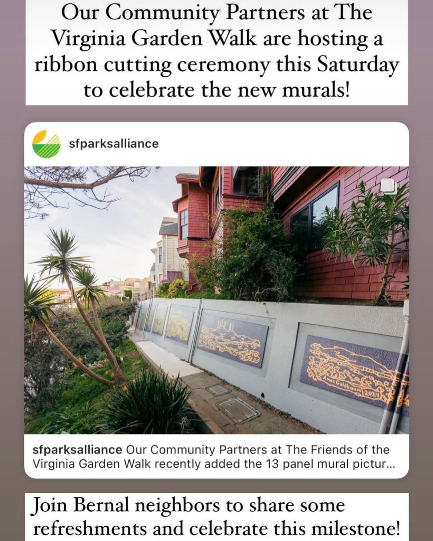 This Saturday! Ribbon Cutting of the revamped Virginia Garden Walk. Virginia and Winfield in Bernal from 12-1. Come by!