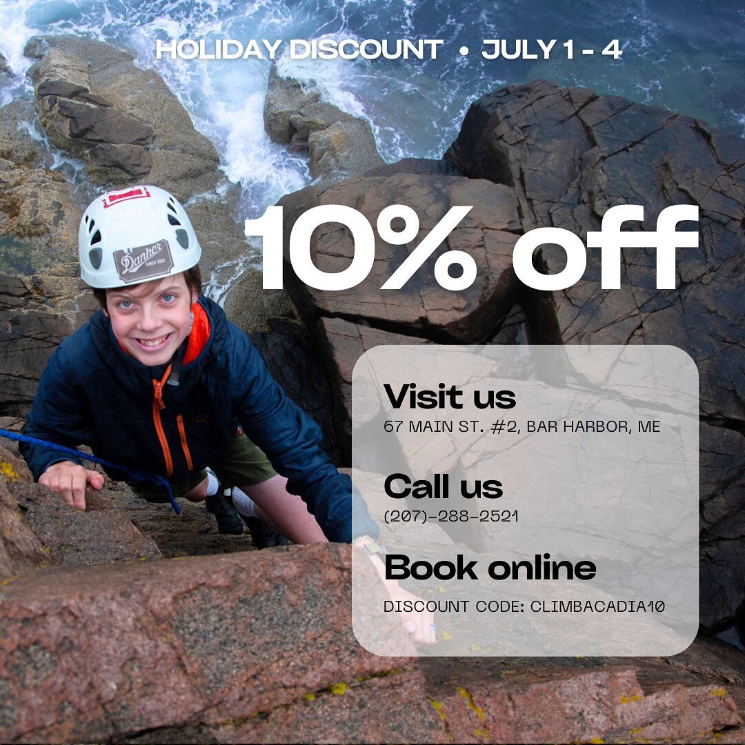 ✨This long weekend, get 10% your climbing course! ✨

If you&rsquo;re looking for a last-minute outdoor activity in Acadia, we&rsquo;re offering a 10% discount for all courses July 1st through 4th: online, in-person, or over the phone. We understand t