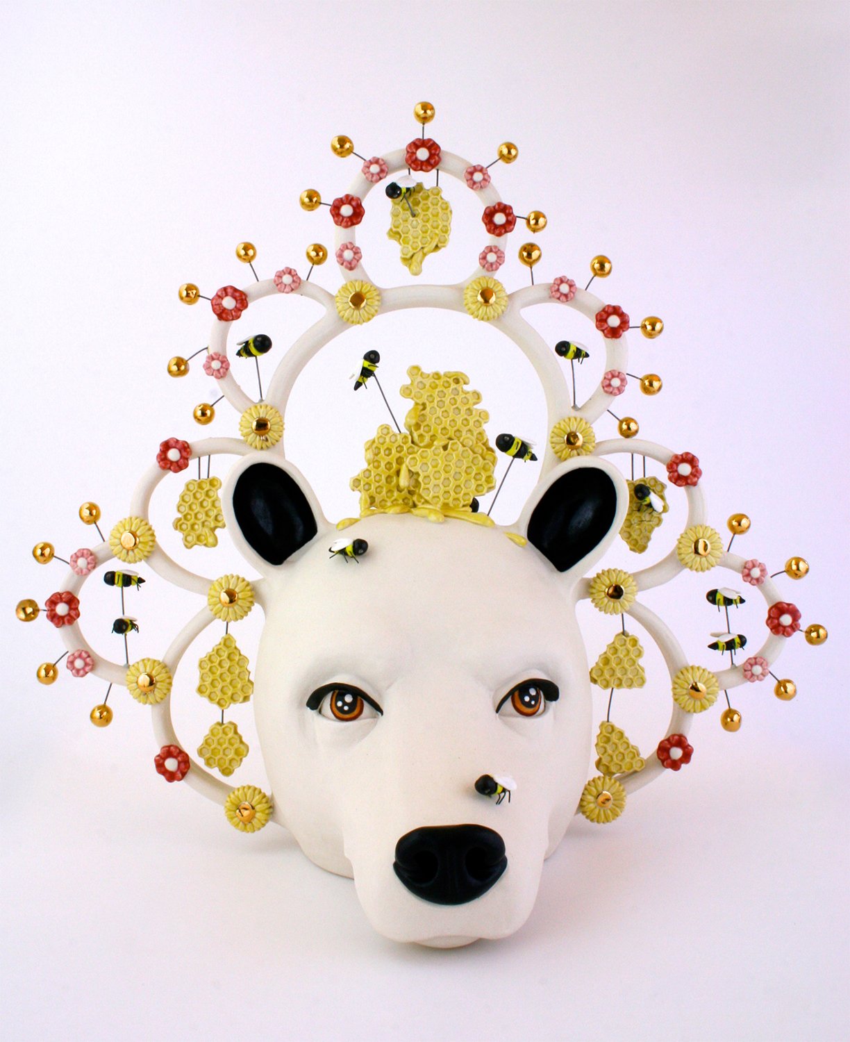 “Bees and A Bear” H19’’ x  W20’’ x  L13’’, porcelain, underglaze, glaze, nichrome wire, luster $3000.jpg