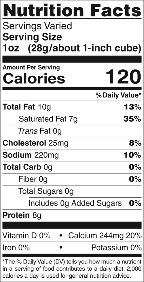 INGREDIENTS  Pasteurized cow's milk, salt, cheese culture, animal rennet, annatto (for color). Contains: Milk