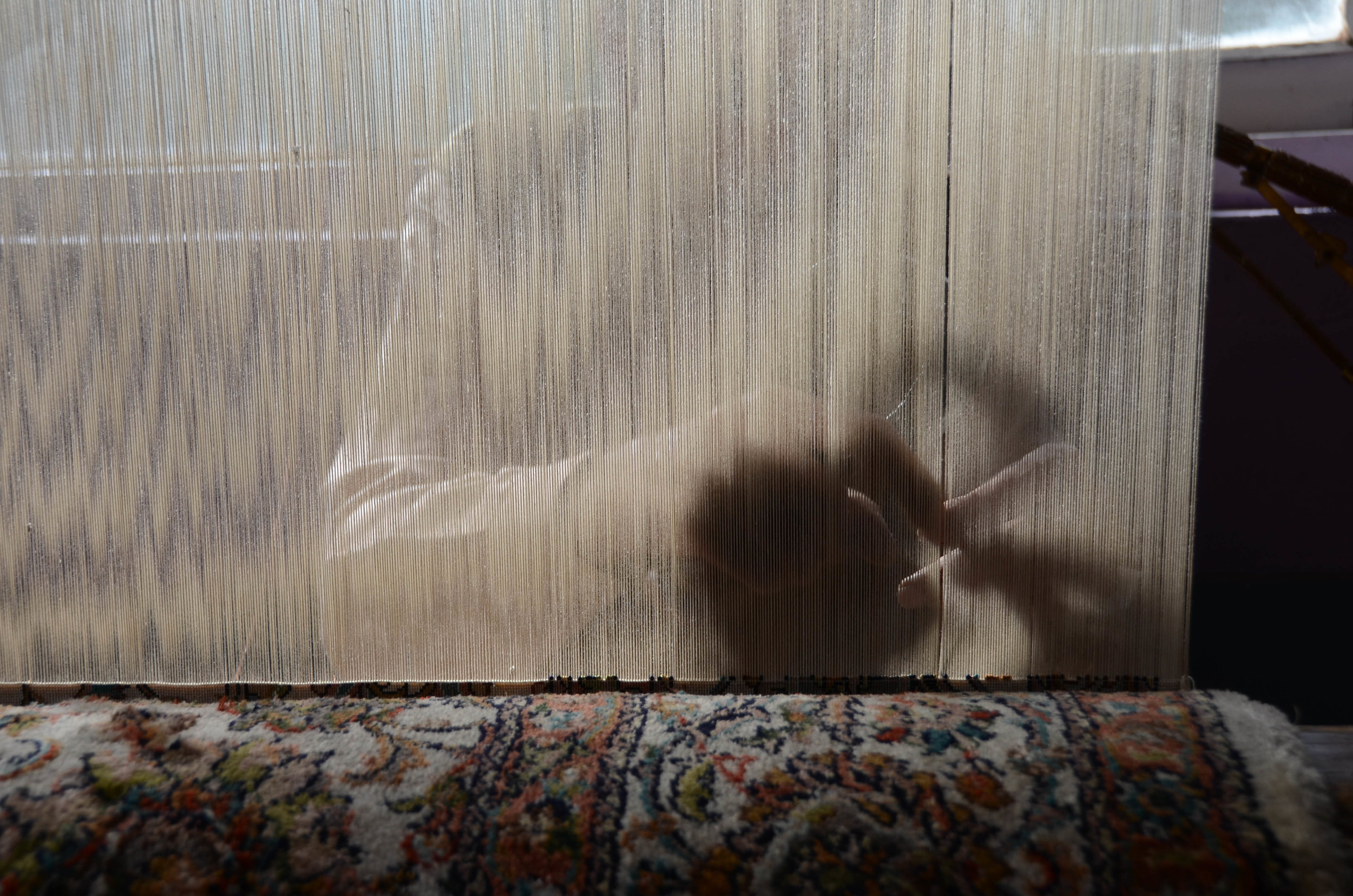 The long vertical threads form the warp of the carpet. The weaver pulls a pair of threads and ties the colored knot around them to form the pile of the carpet.