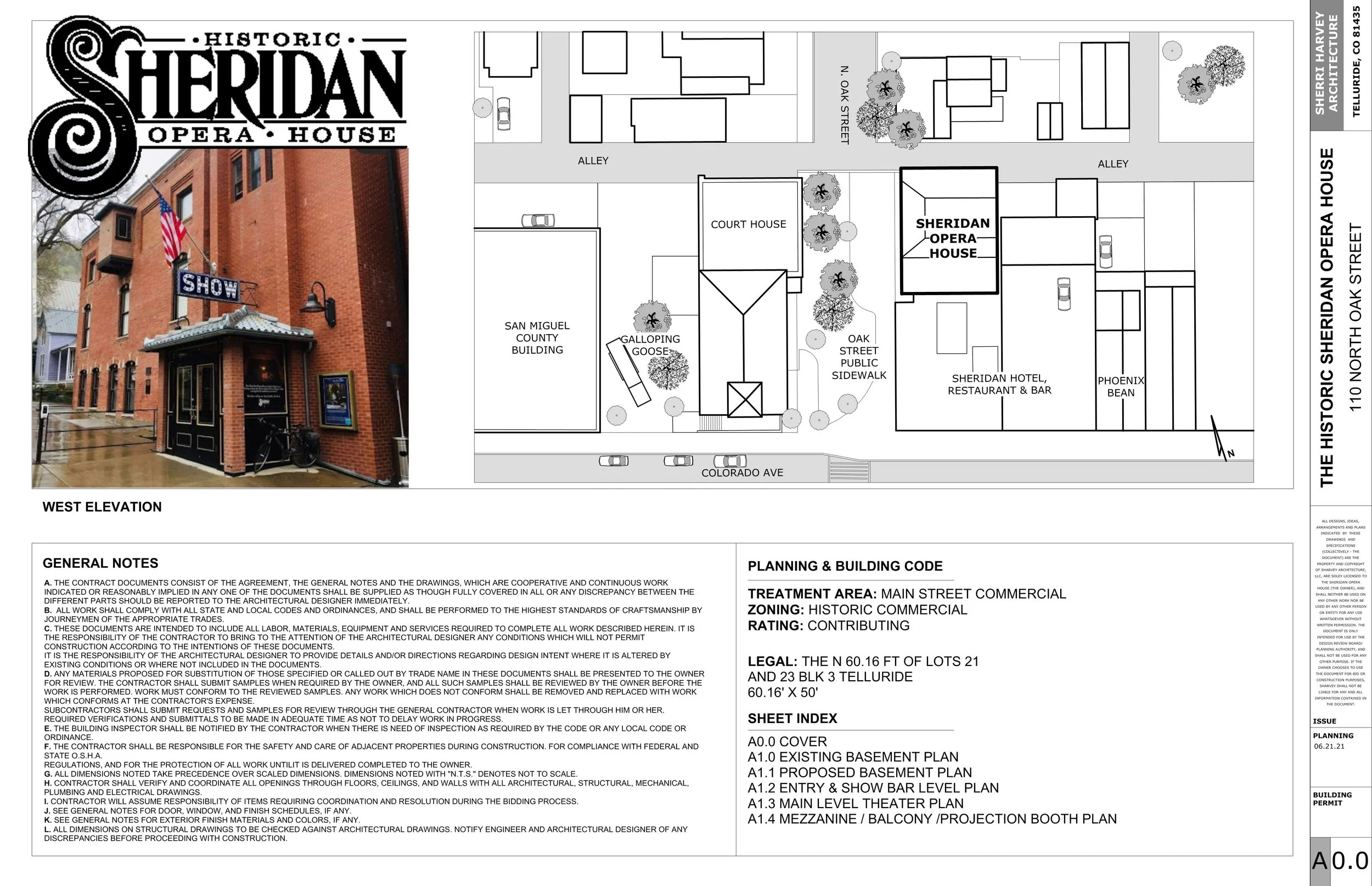 Photograph of the Sheridan Opera House with red brick exterior, American flag, and illuminated show sign, next to architectural plans of the building and surrounding area.