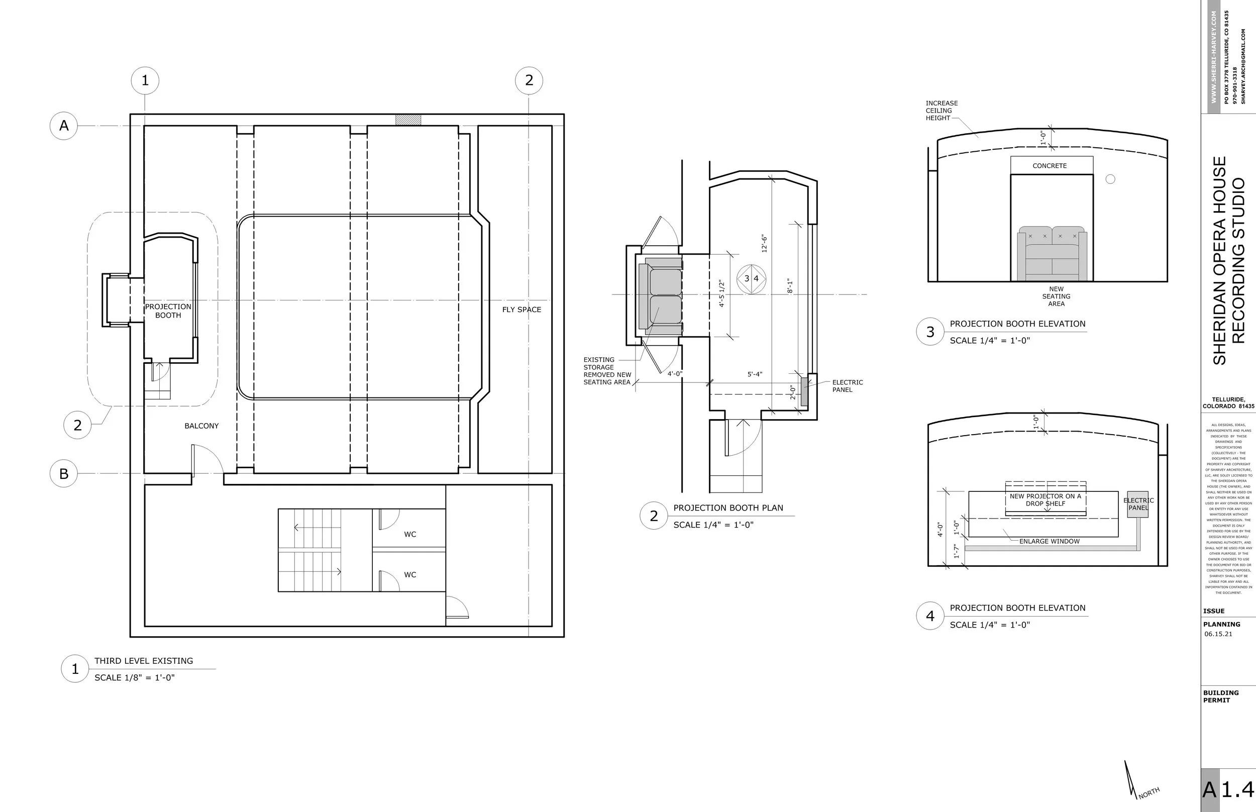 Blueprint drawing of a building's third level, including a projection booth with seating and an electric panel, details, measurements, and notes for construction.