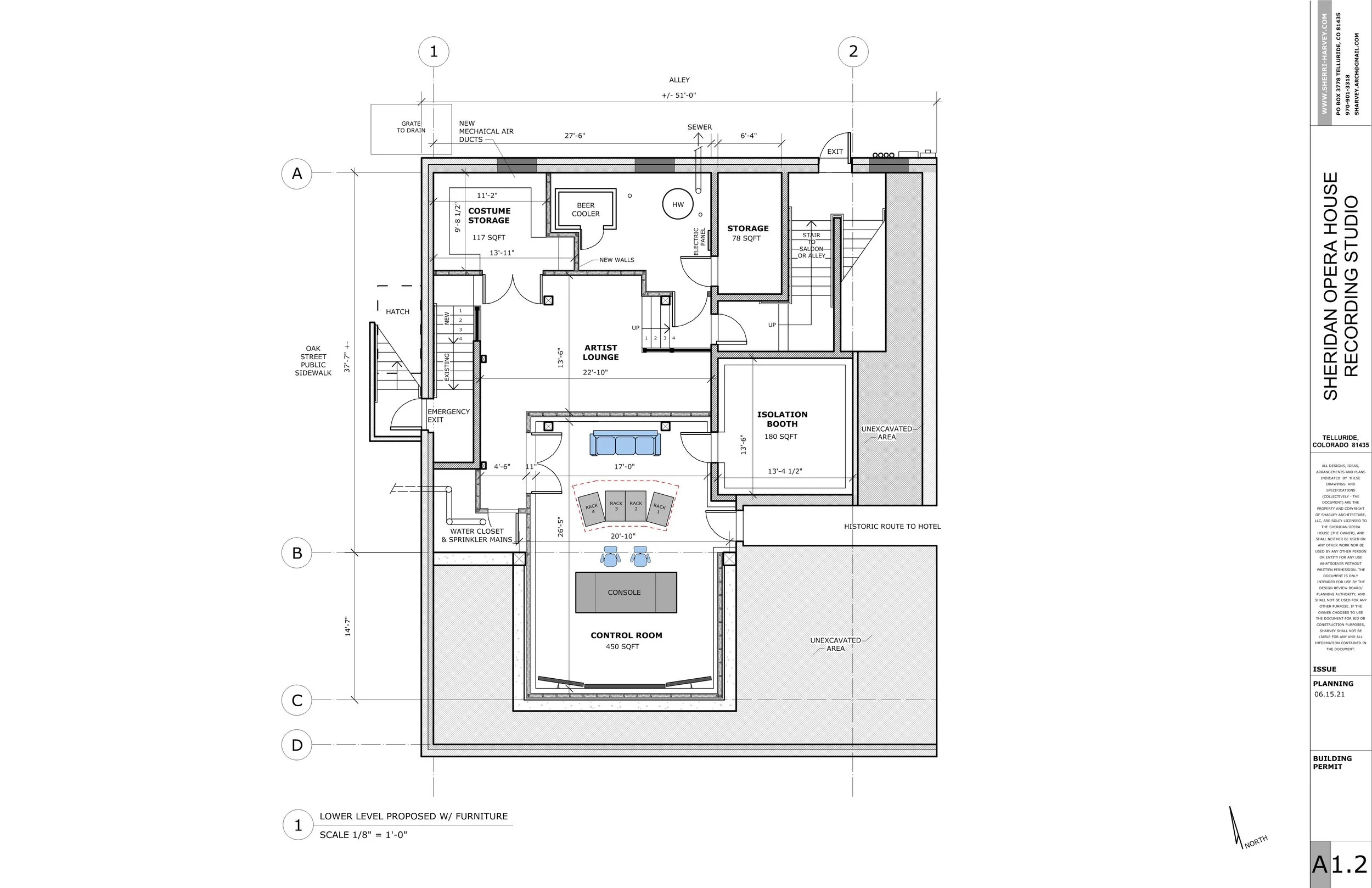 Architectural floor plan of a building featuring rooms such as an artist lounge, storage, control room, and costume storage, with dimensions and labels. The plan includes exterior details like a water closet, sprinkler mains, stairs, and an emergency