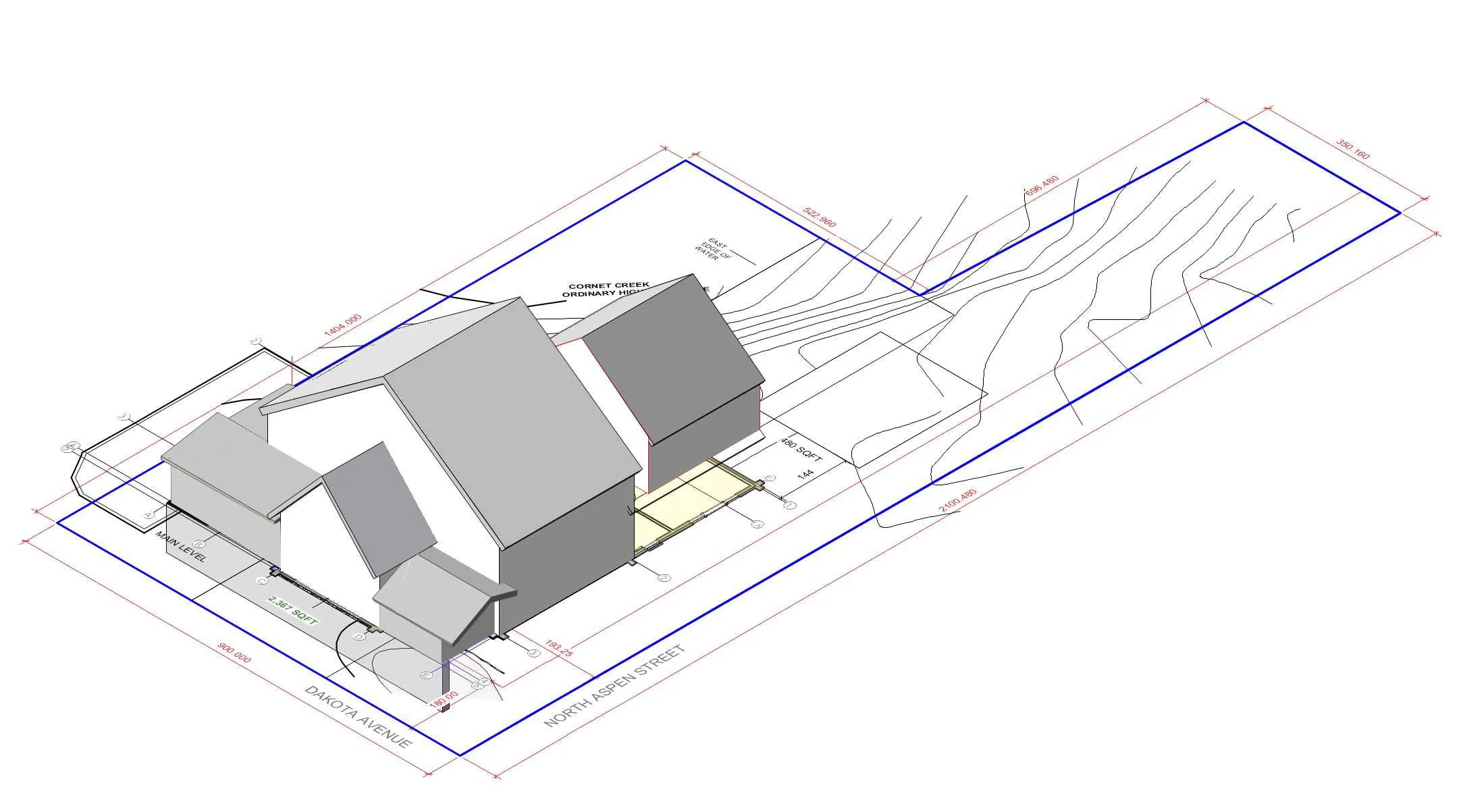 3D architectural site plan showing a house, driveways, and property boundaries with measurements.