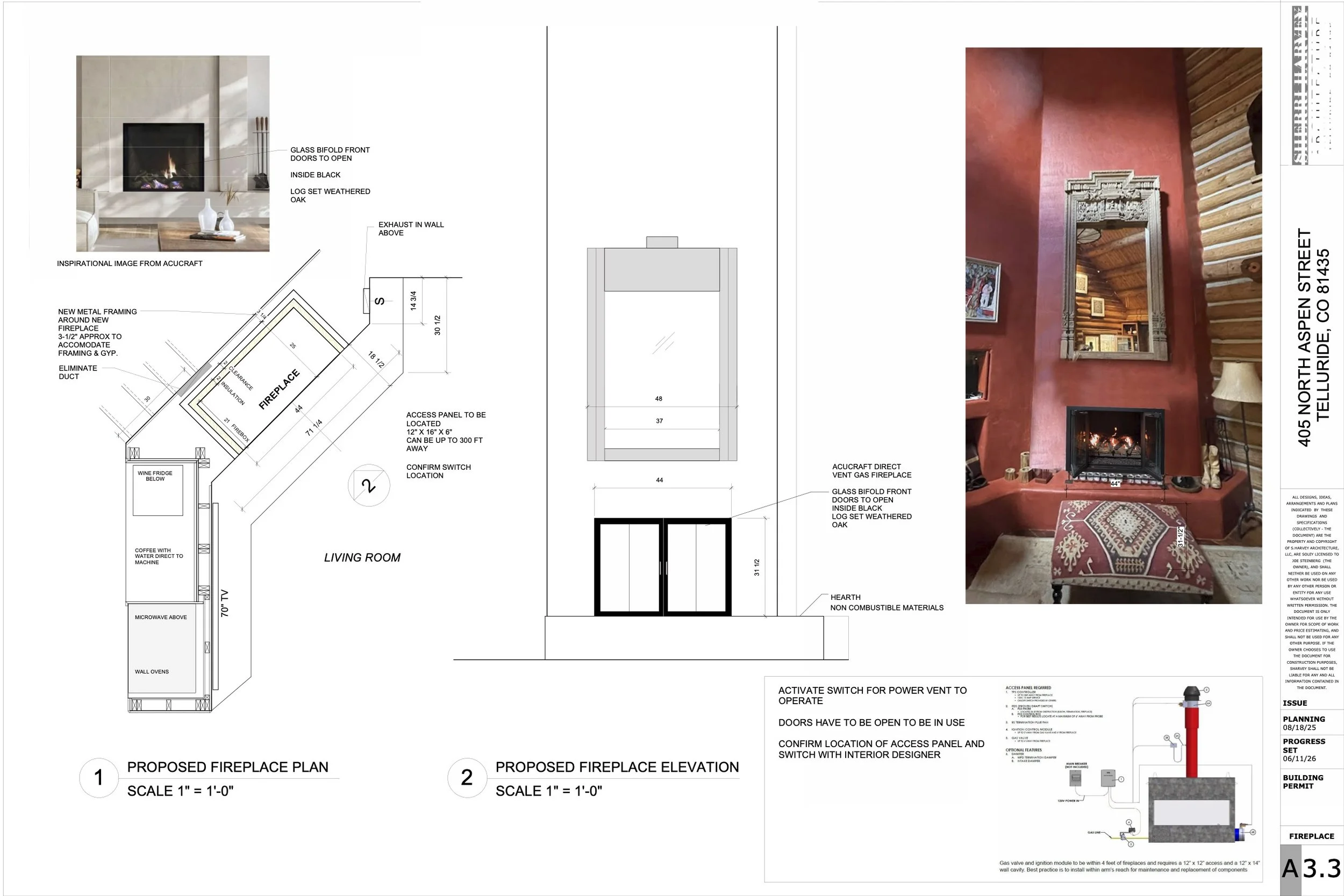 Blueprint of a proposed fireplace design with images of the finished fireplace interior and a detailed architectural drawing.