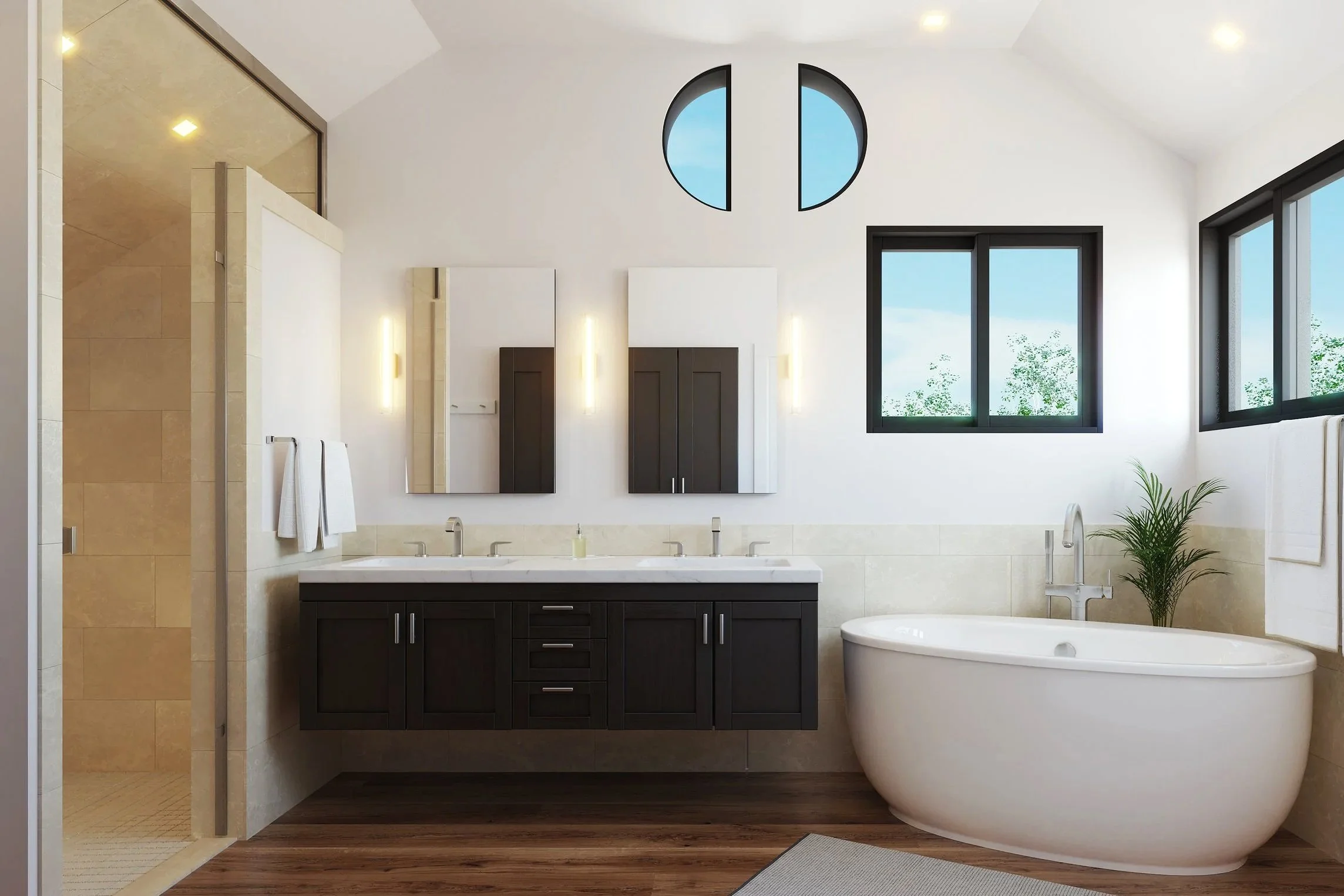 Modern bathroom featuring a large bathtub, dark wood vanity with a white countertop, oversized mirrors, and large windows with black frames that let in natural light, with a small potted plant near the bathtub.