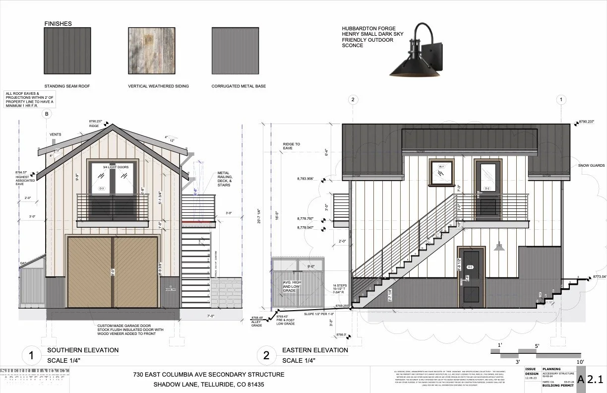 Architectural blueprint or drawing of a two-story house with measurements, labeled materials like vertical weathered siding and corrugated metal base, showing southern and eastern elevations, with details of roof, stairs, doors, and windows.