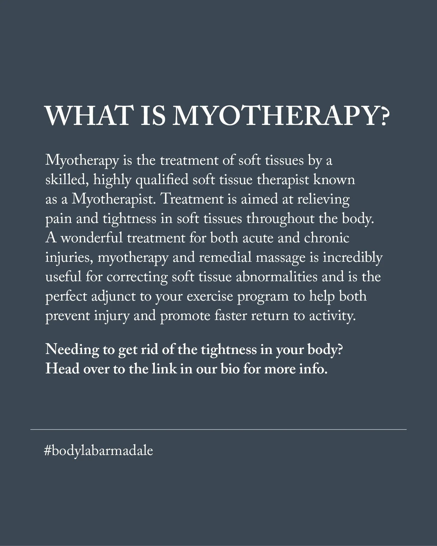 Our highly trained myotherapists practice a range of common techniques such as: 

- Soft Tissue Massage
- Trigger Point Therapies 
- Cupping 
- Dry Needling 
- Deep Fasial Manipulation 

If you're seeking more info, call reception today on (03) 9822 