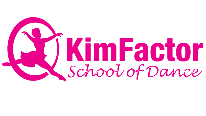 Pink logo of Kim Factor School of Dance featuring a silhouette of a girl dancing inside a circle with text.