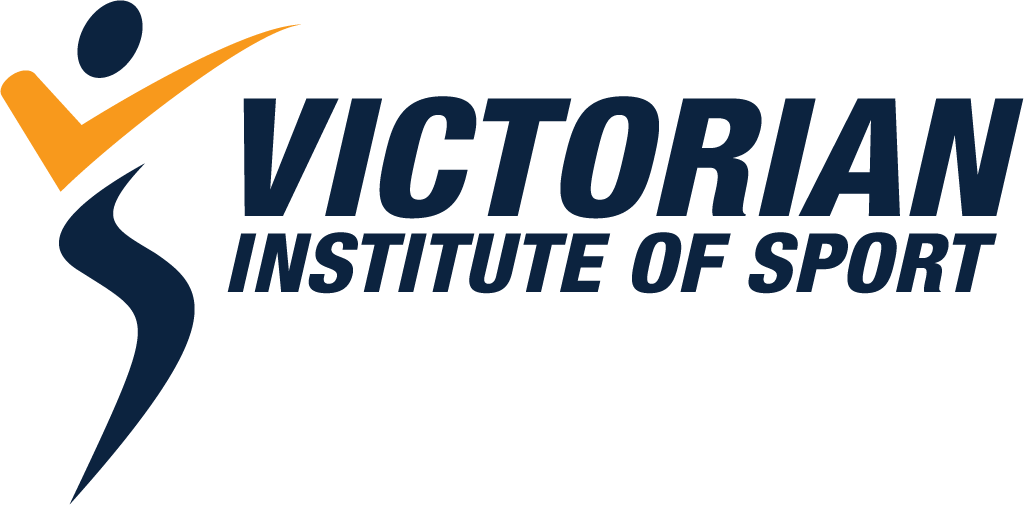 Logo of the Victorian Institute of Sport featuring a stylized human figure with an orange checkmark and blue curved lines on a white background.