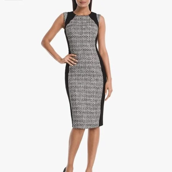 White House Black Market Petite sleeveless tweed and ponte knit dress in black with white. Act II Price: $36.50. Size 10