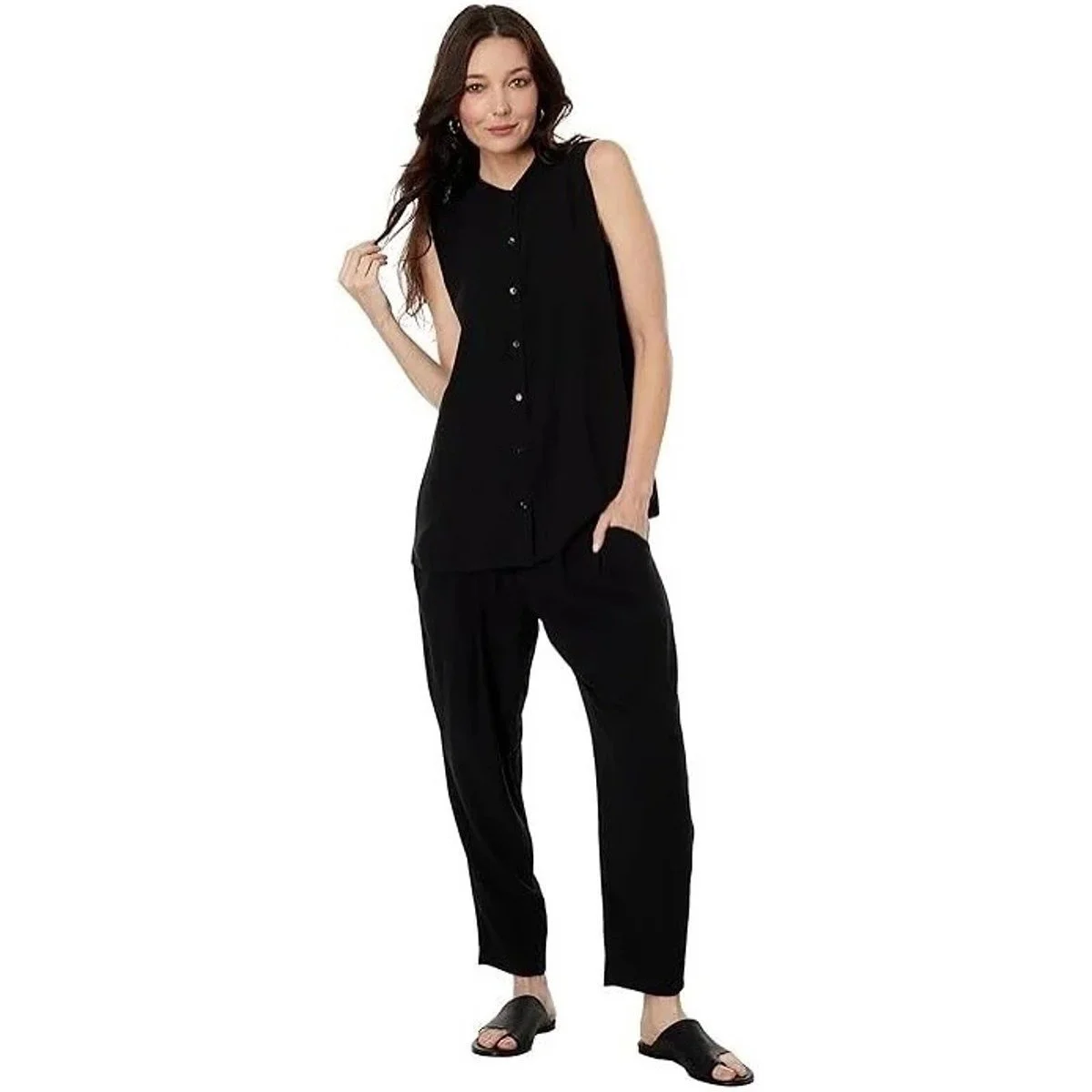 Eileen Fisher Silk Georgette Crepe Black Pants Pockets Tapered Ankle. Act II Price $39.50. Size XL