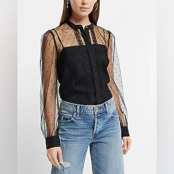 Express Tulle Polka Dot Long Sleeve Button Up Shirt. Act II Price: $16. Size M