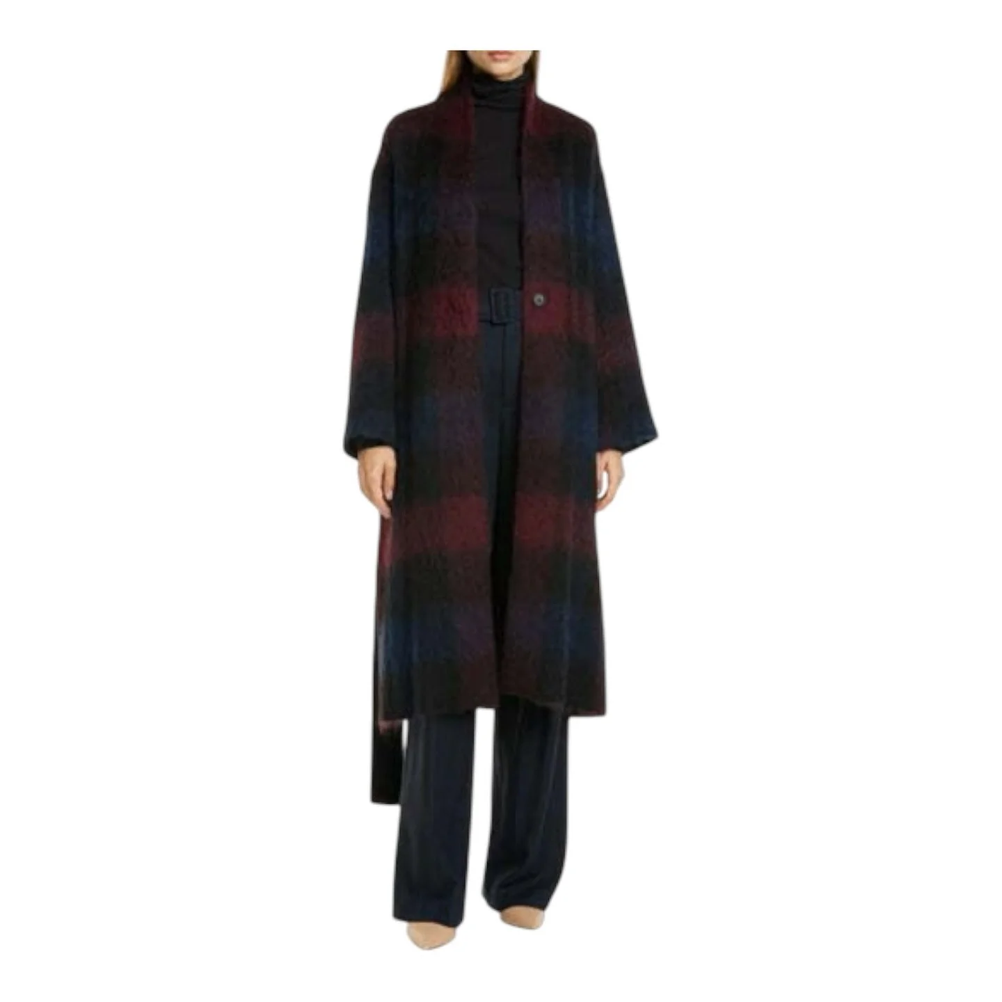 Vince Brushed Plaid Long Wool-Blend Coat. Size L.