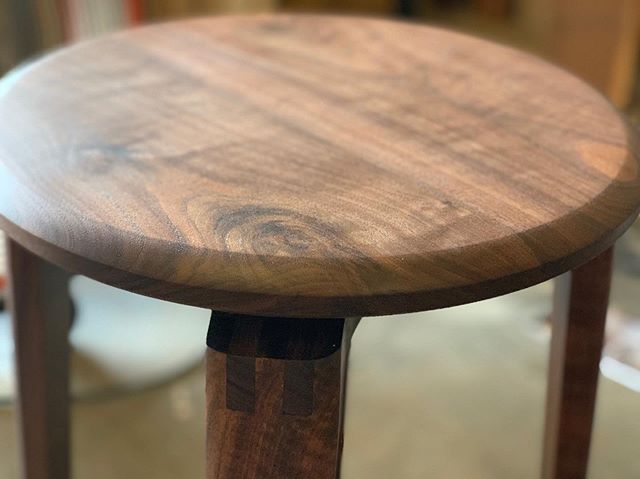 A new stool I&rsquo;ve been working on. Swivel top, finger joints, pillowed legs, steel foot rest with patina