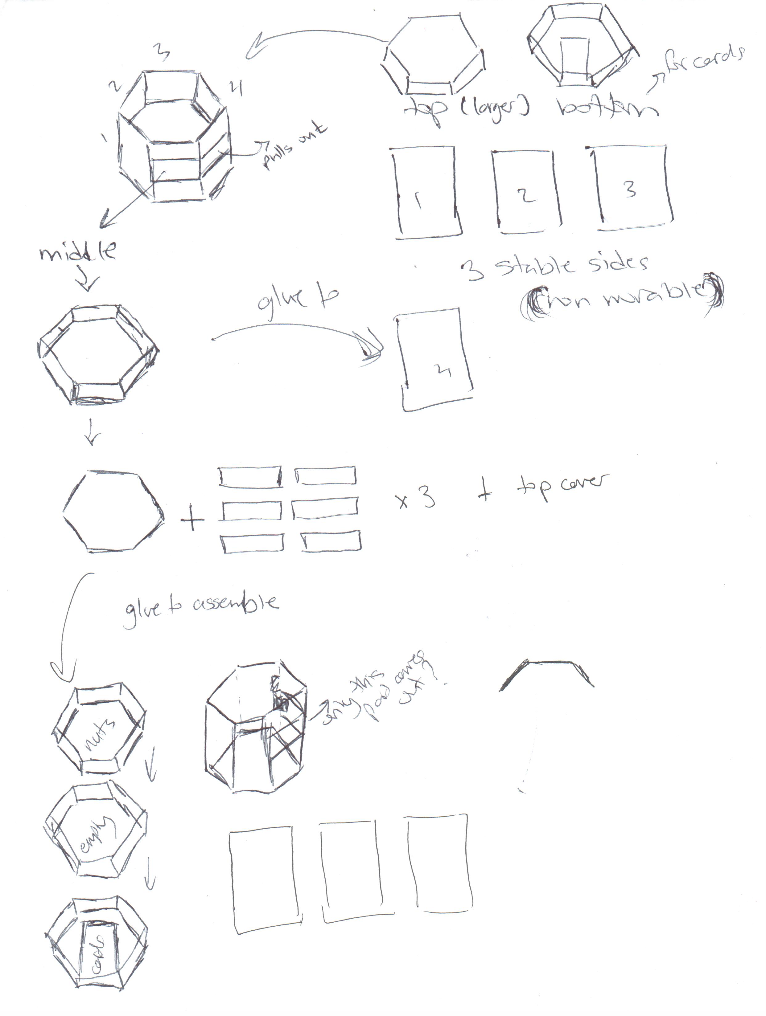 After deciding to create my package with harder material like wood, I returned to sketching as I planned out the pieces and how it would fit together to create the various compartments. I then continued to create another prototype with non-bendable cardboard and then with wood.