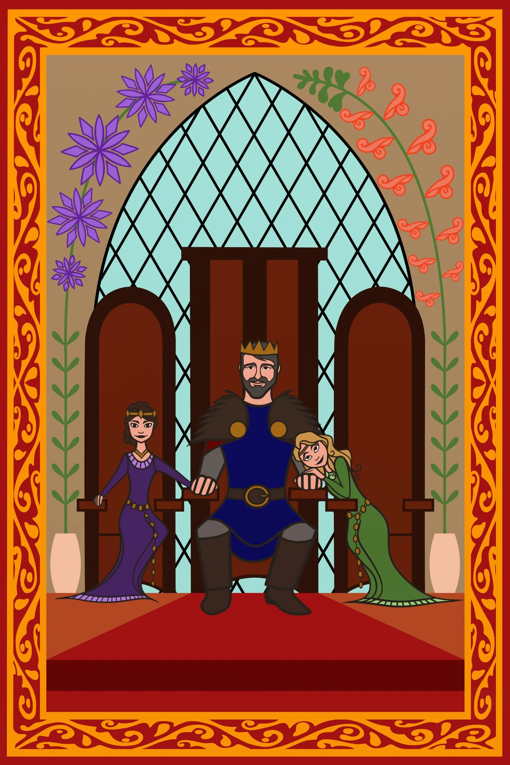 Early concept art for a tapestry featuring King Cedric and his daughters Chrysanthemum (left) and Snapdragon (right) Copyright AD33 Productions 2018