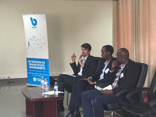 From the left: Simon Rolland, Country Project Manager at Energising Development (EnDev) Rwanda, spoke about the work EnDev are doing with the private sector to support off-grid electrification; BBOXX Rwanda Managing Director Justus Mucyo and EDCL-REG Morris Kayitare.