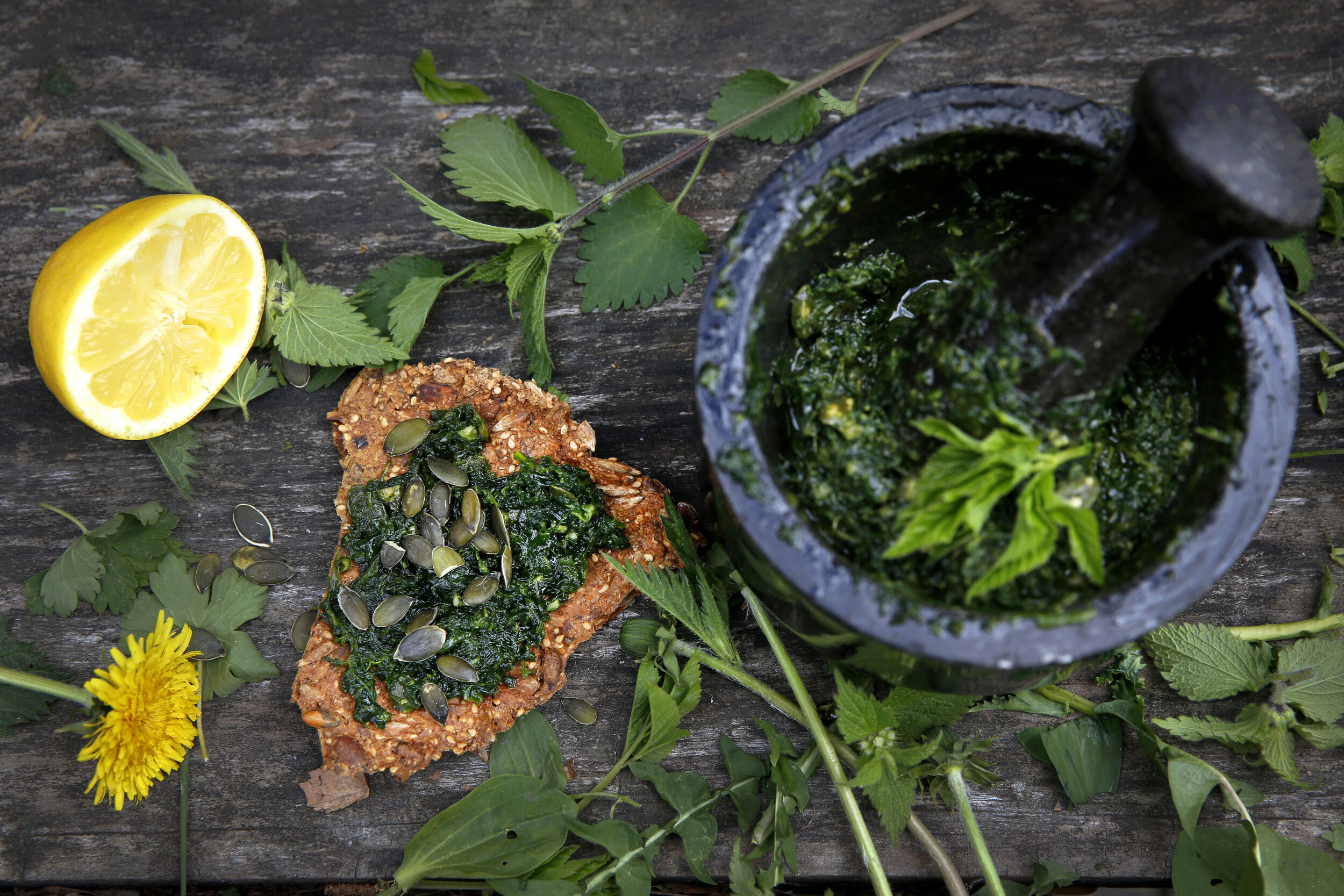 Hjemmelaget pesto og knekkebrød
