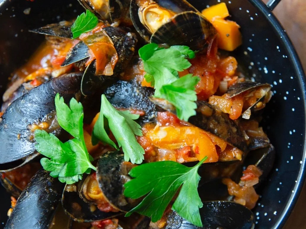 Dampede blåskjell med eplejuice 