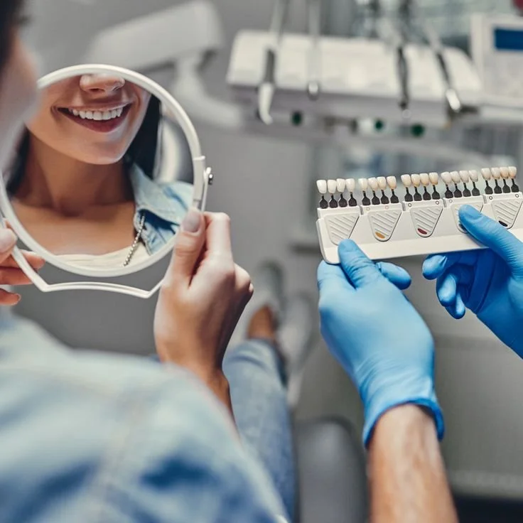 Person holding a dental shade guide in front of a mirror while a dentist's gloved hand holds the guide and shows teeth color matching.