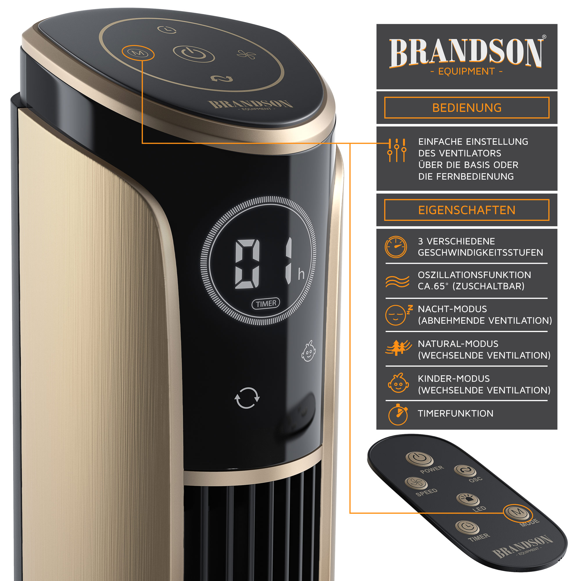 GS Nachtschwarz Design Brandson Turmventilator mit Fernbedienung 108 cm neues Modell 2020 Standventilator mit Oszilation Ventilator 10 Grad neigbar 3 Geschwindigkeiten 4 L/üftungs-Modi