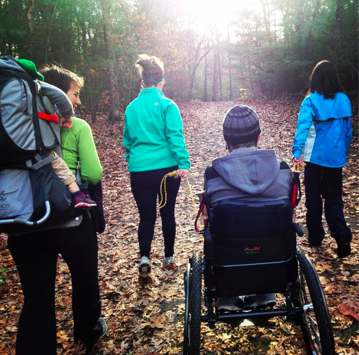 Our second time out on the trails (TerraTrek Chair, Ropes, man-&nbsp;(and baby-) power. &nbsp;Kelly, Caitlin, Cara, Ry, Carrie and Parker at Harold Parker Forest, October 2014