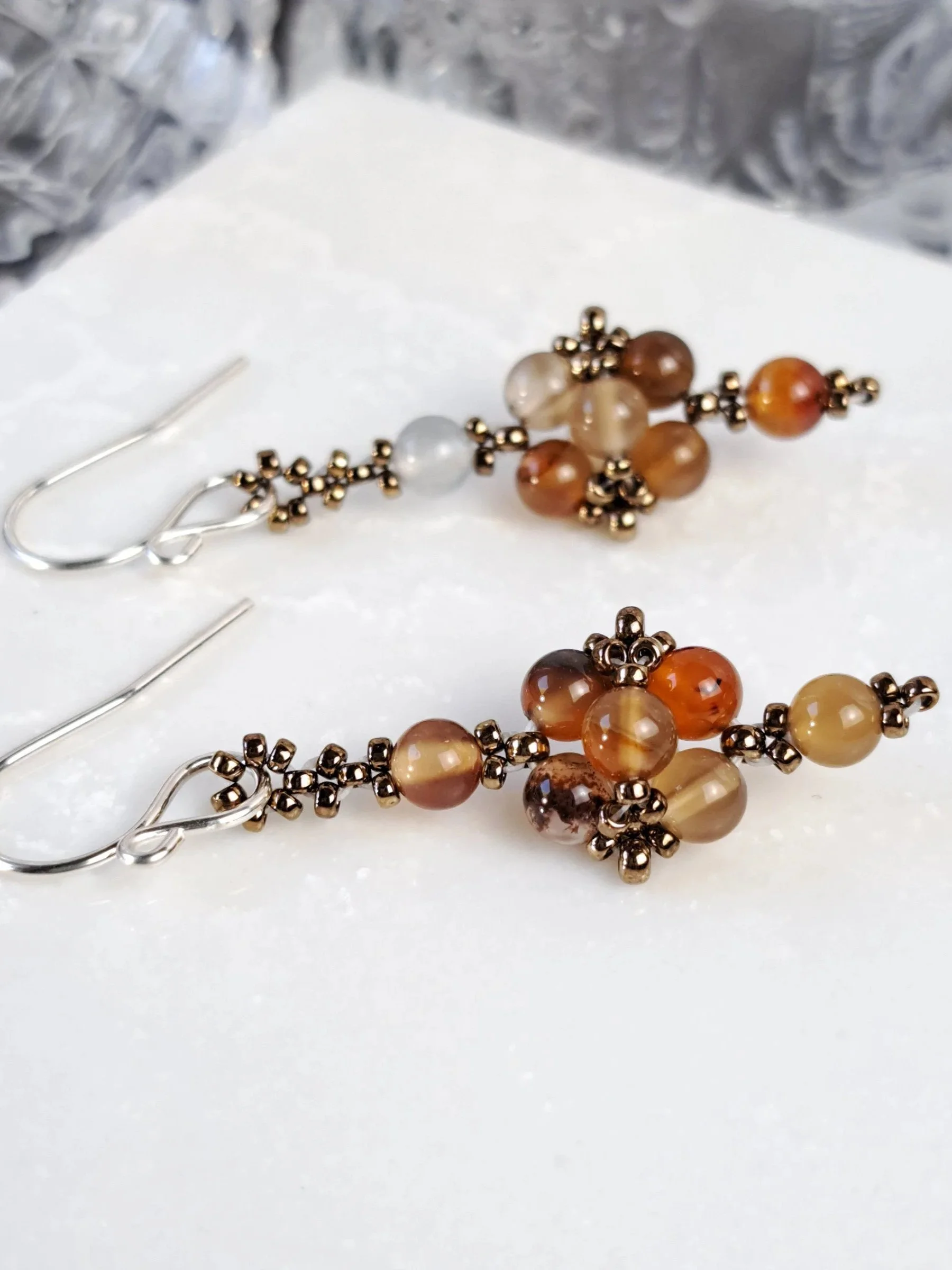 Small Multi Color Brown Agate Stone Beaded Earrings