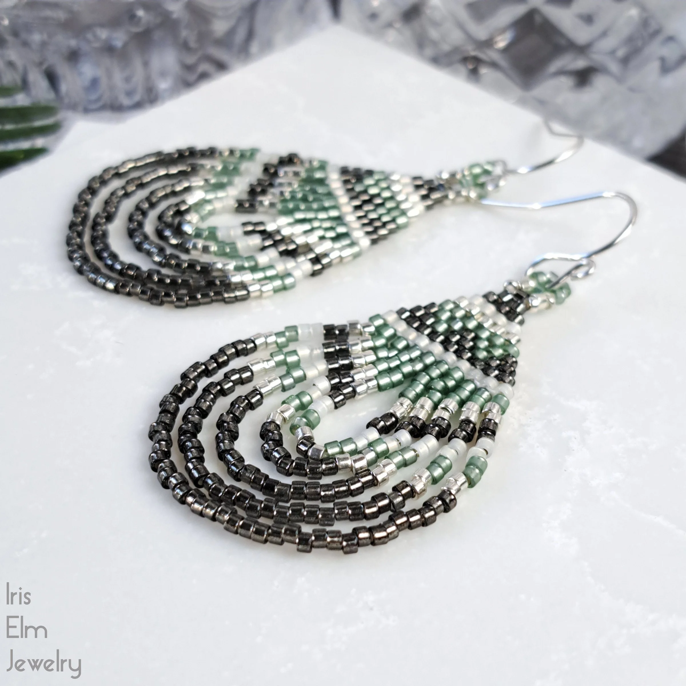 Bohemian Sage Green and Grey Teardrop Glass Seed Bead Earrings by Iris Elm Jewelry