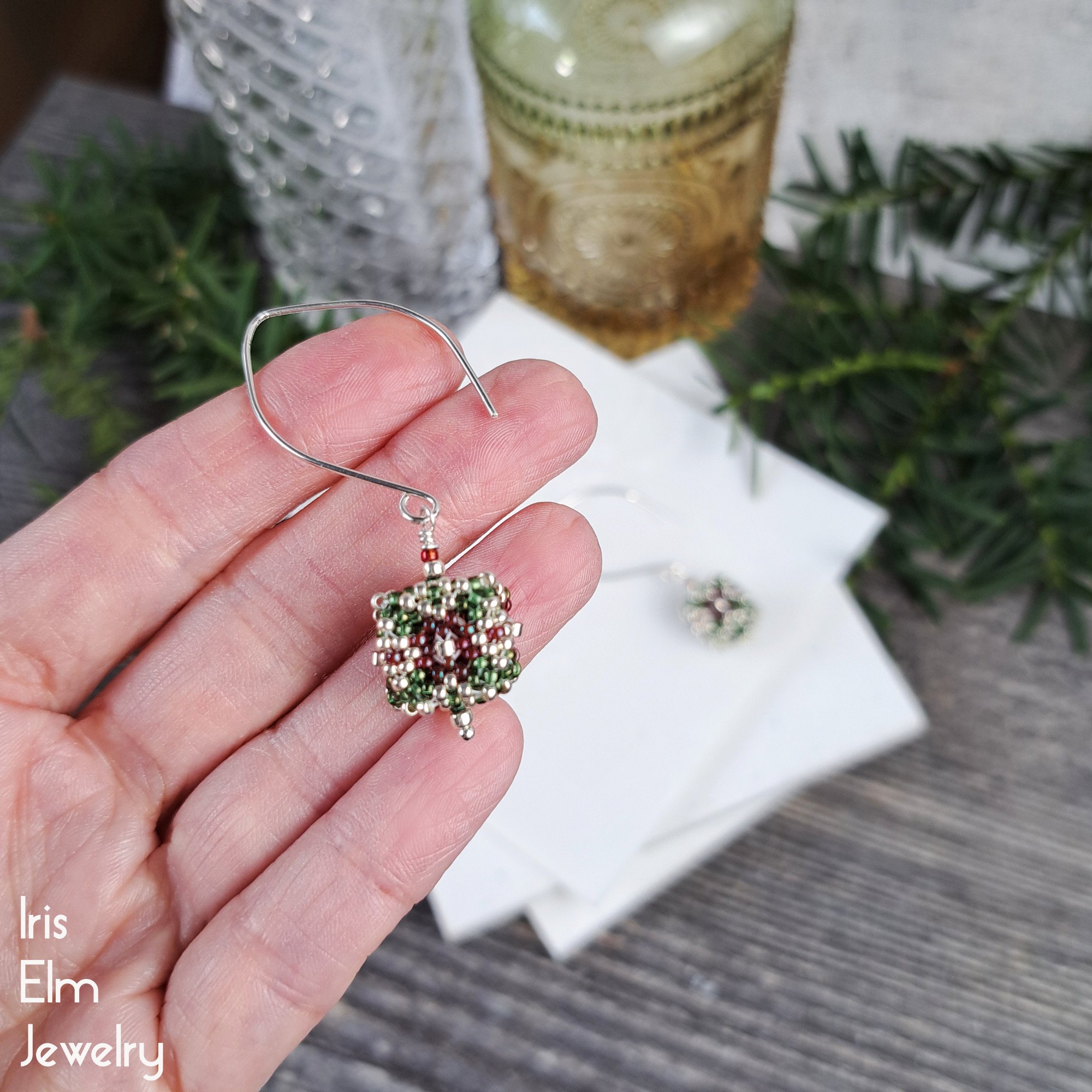 Small Red and Green Holiday Present Glass Seed Bead Cube Earrings by Iris Elm Jewelry sterling silver marquise earwires 2 inches