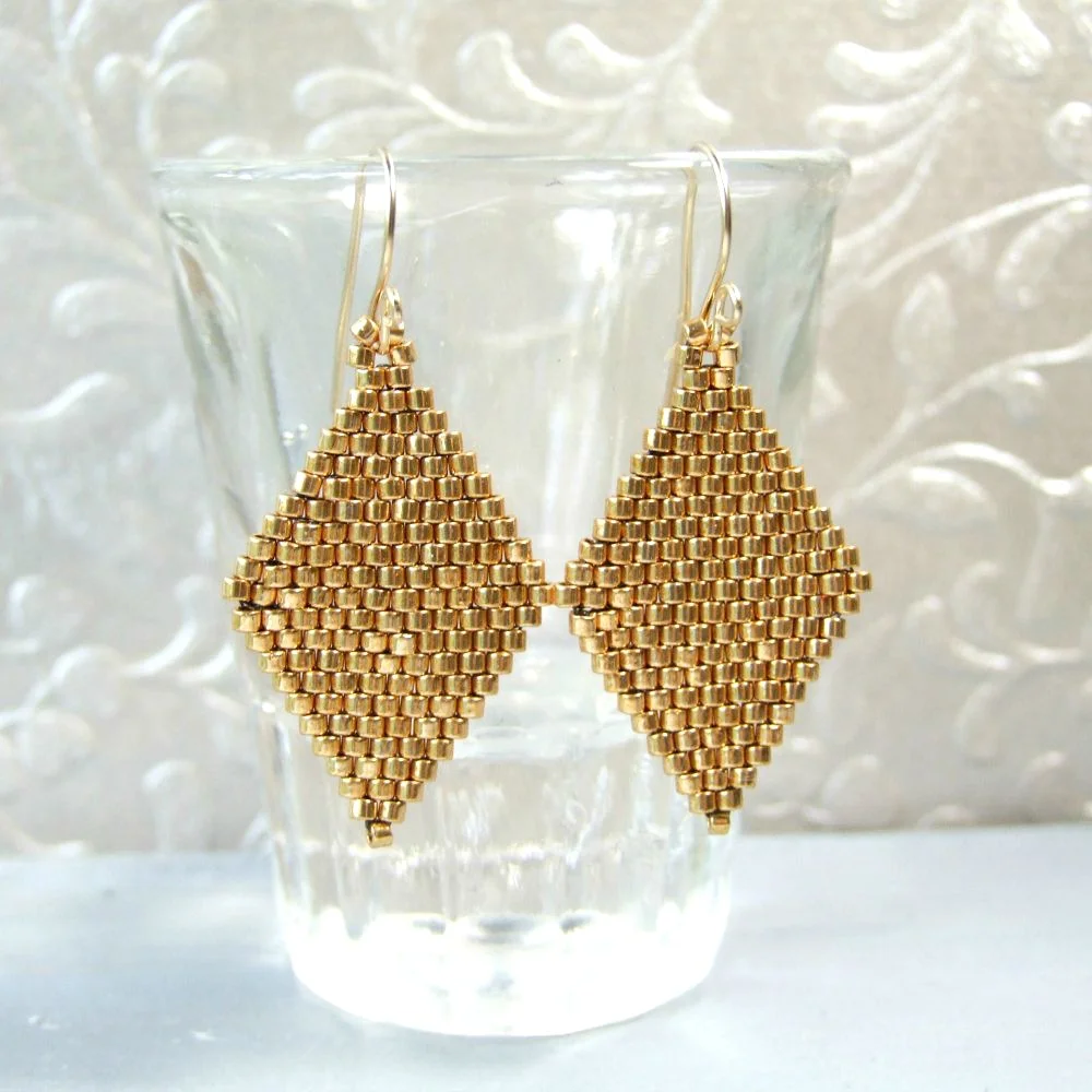 Gold Bohemian Dangle Earrings - Geometric Diamond Earrings - Seed Bead Jewelry