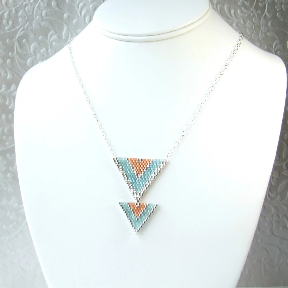 boho beaded triangle pendant necklace - aqua and peach jewelry