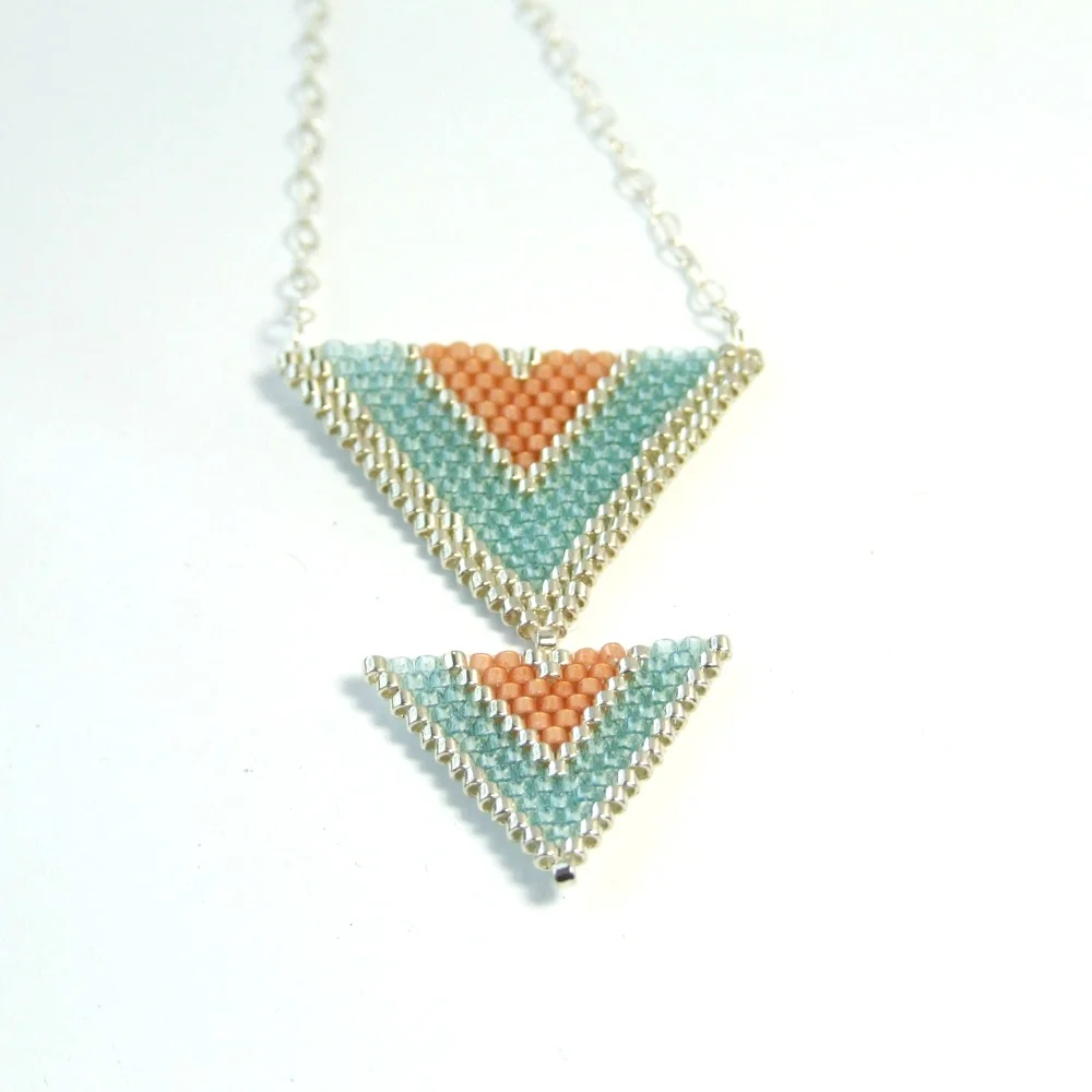 sterling silver woven triangle necklace - peach and aqua jewelry